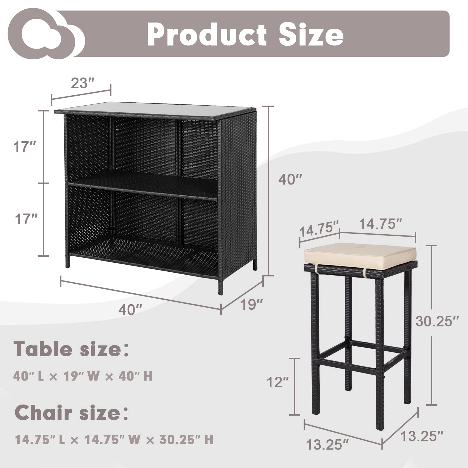 Crownland 3-Piece Wicker Patio Bar Set with 2 Stools & Glass Top Table - Brown Outdoor Bistro Furniture for Deck, Lawn, Backyard, Garden, Poolside & Balcony