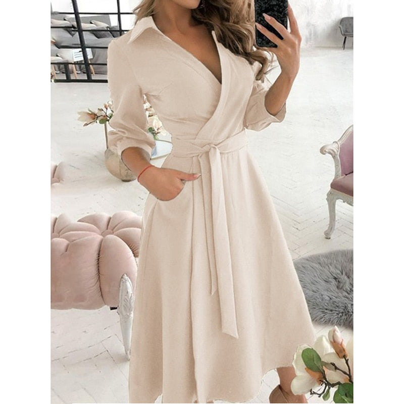 Women's Long Sleeve Casual Dress with Pockets - Comfortable Everyday Wear for Work, Outings & Date Nights