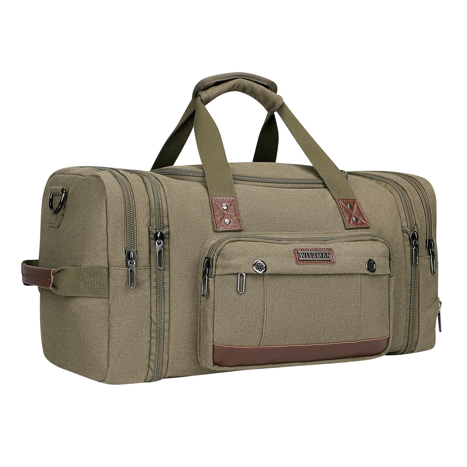 WITZMAN Men's Canvas Duffle Bag - Expandable Weekender Overnight Travel Bag for Gym, Work & Weekend Getaways (Army Green A8007) - Perfect Carry-On Luggage for Business Trips & Short Vacations