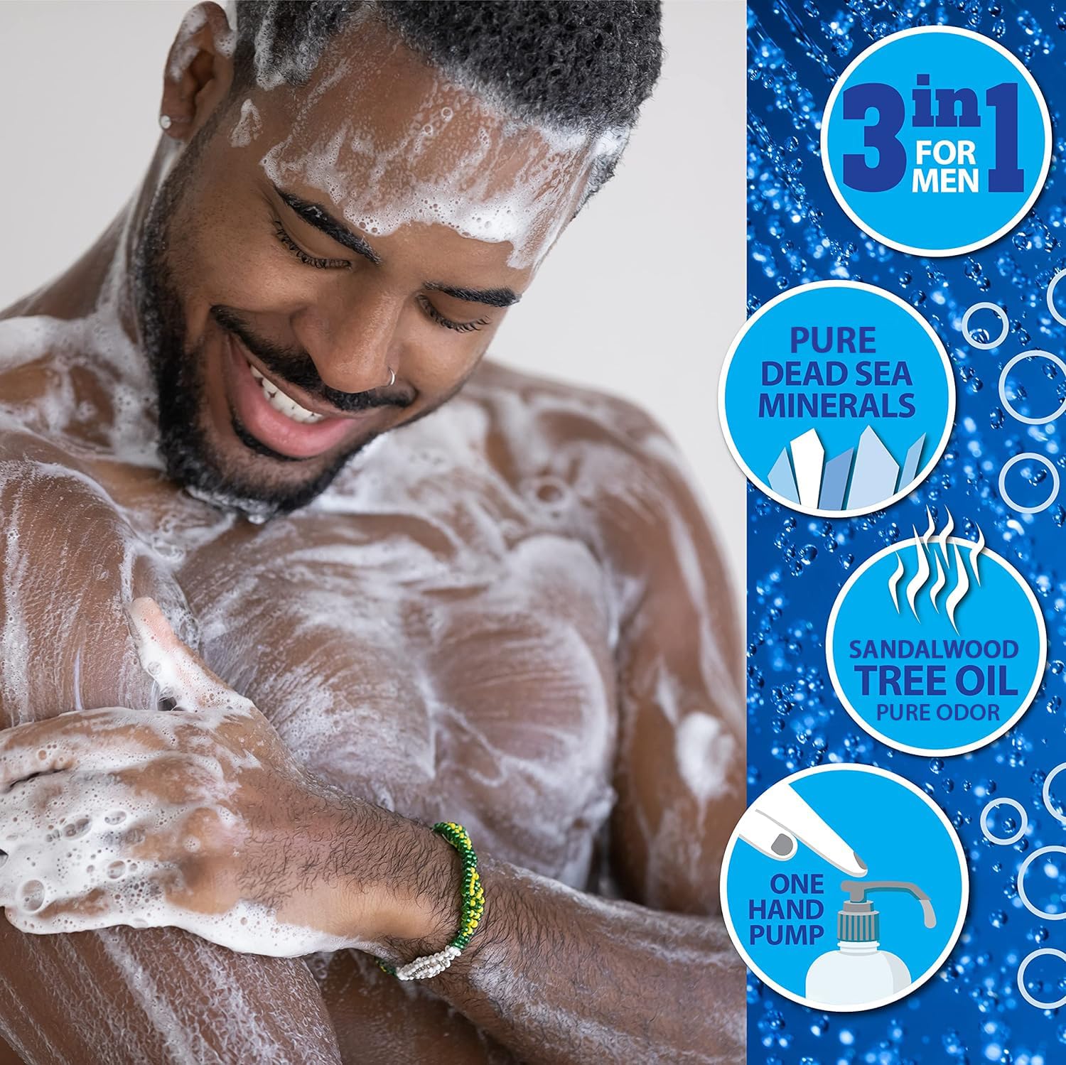 Dead Sea Collection 3-in-1 Men's Body Wash, Shampoo & Face Wash - Sandalwood Scented Shower Gel for Men (33.8 Fl Oz) - Hydrating & Refreshing for Daily Shower, Gym & Travel Use