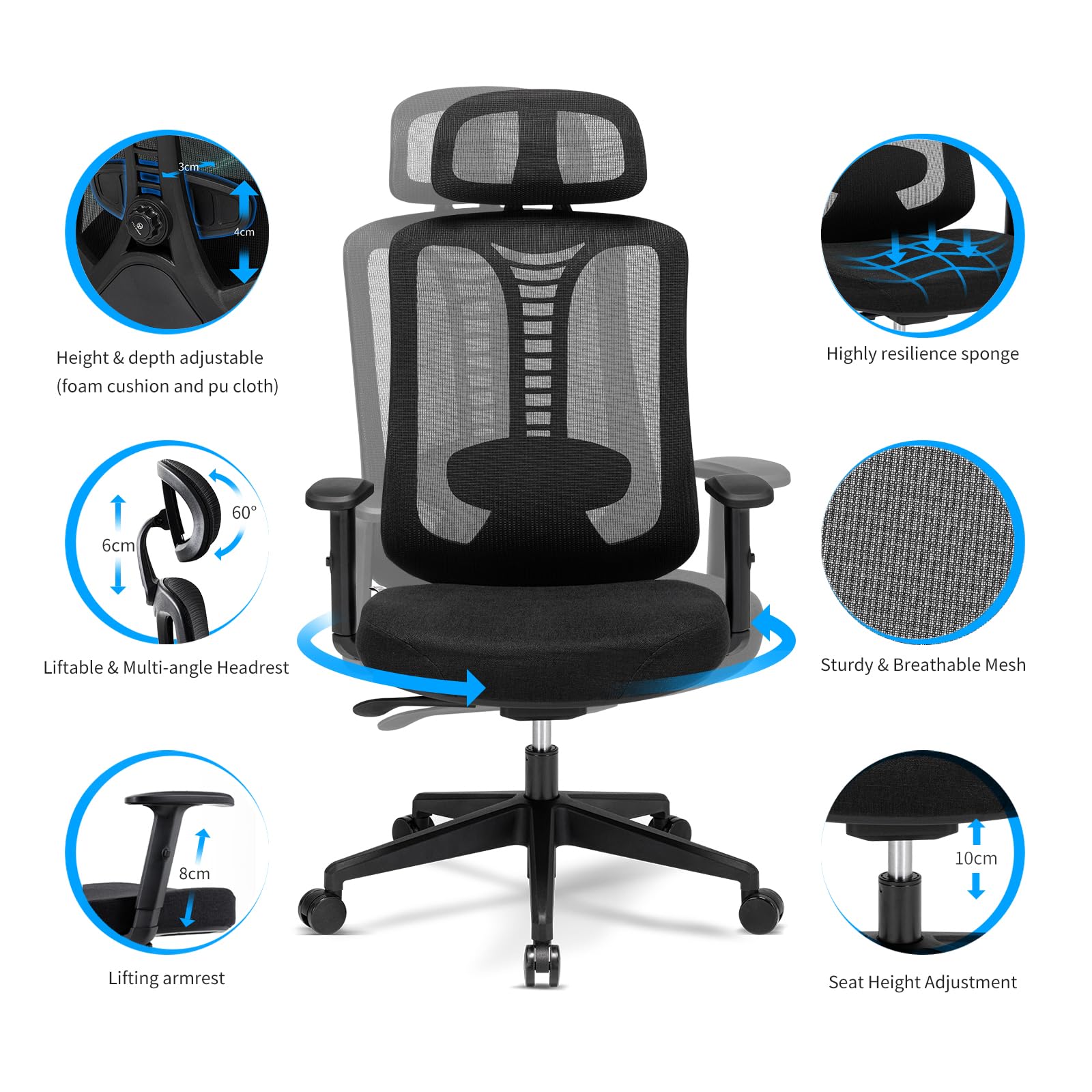 Magic Life Ergonomic Office Chair with 90° Flip-Up Arms, Adjustable Lumbar Support & 360° Swivel - Height Adjustable Computer Desk Chair for Home & Office (130 x 50 cm) - Perfect for Long Work Hours, Gaming & Remote Work