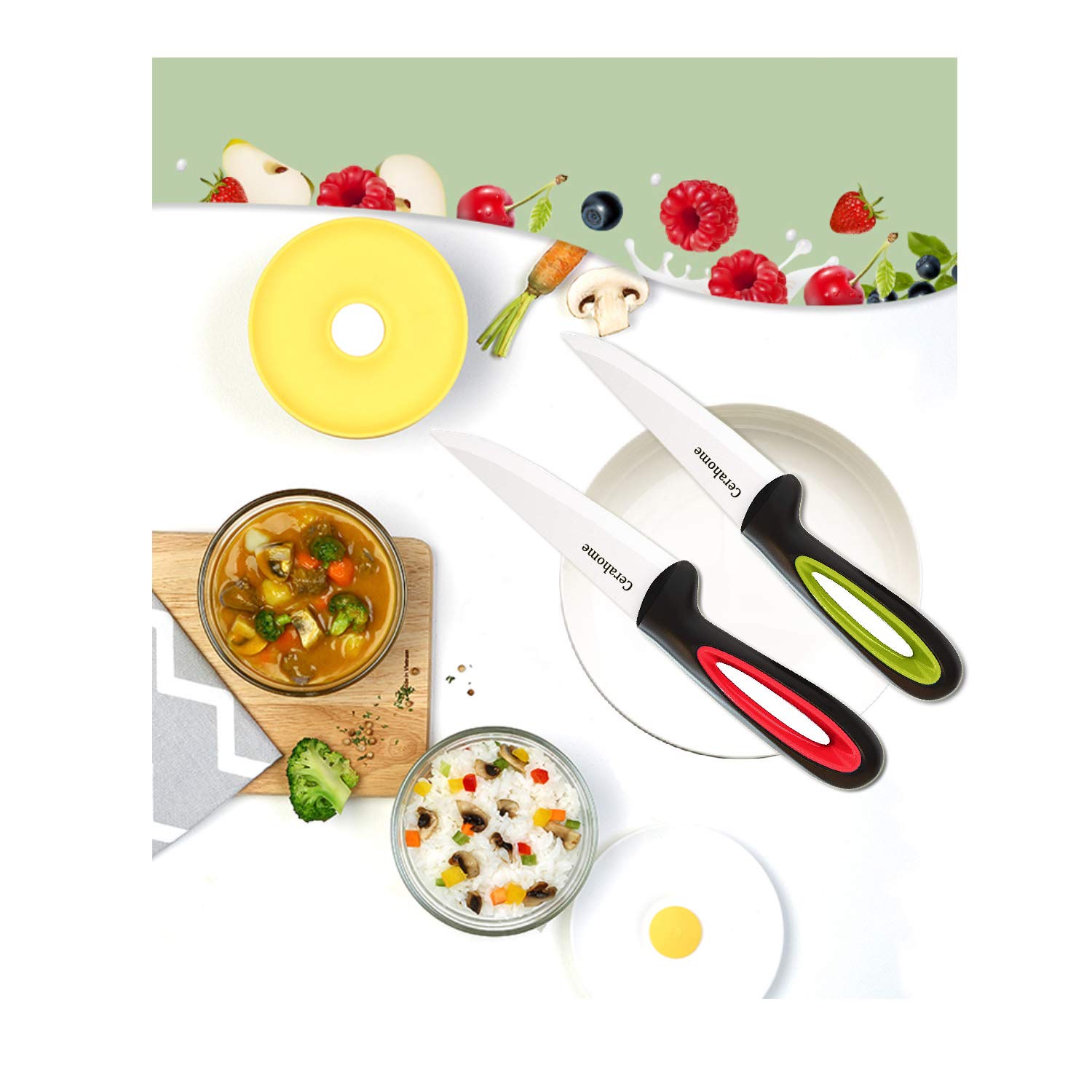 Super Sharp 4-inch Ceramic Utility & Paring Knife Set with Sheath - Kitchen Knives for Boneless Meats, Sashimi, Fruits & Vegetables (Red+Green) - Perfect for Home Cooking, Meal Prep & Sushi Making