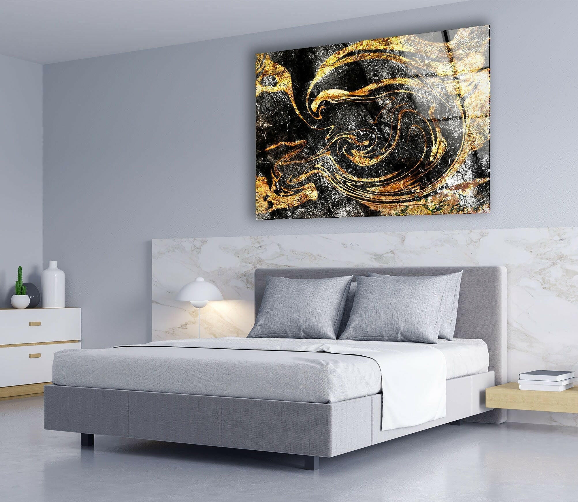 Elegant Black and Gold Marbled Glass Wall Art - Modern Home Decor for Living Room, Bedroom & Office