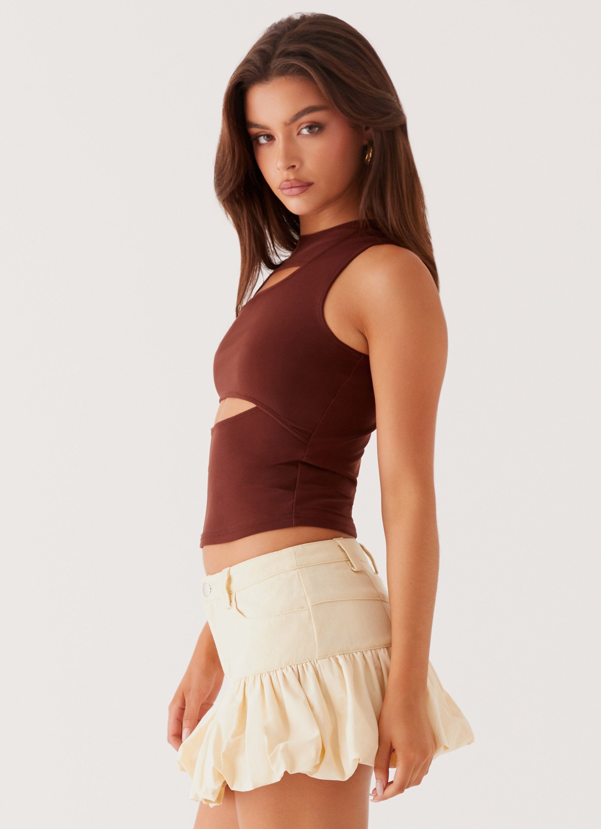 Beyond Cut Out Mesh Top for Women - Sexy Chocolate Brown Crochet Lace Crop Top for Summer, Beach, Party & Night Out
