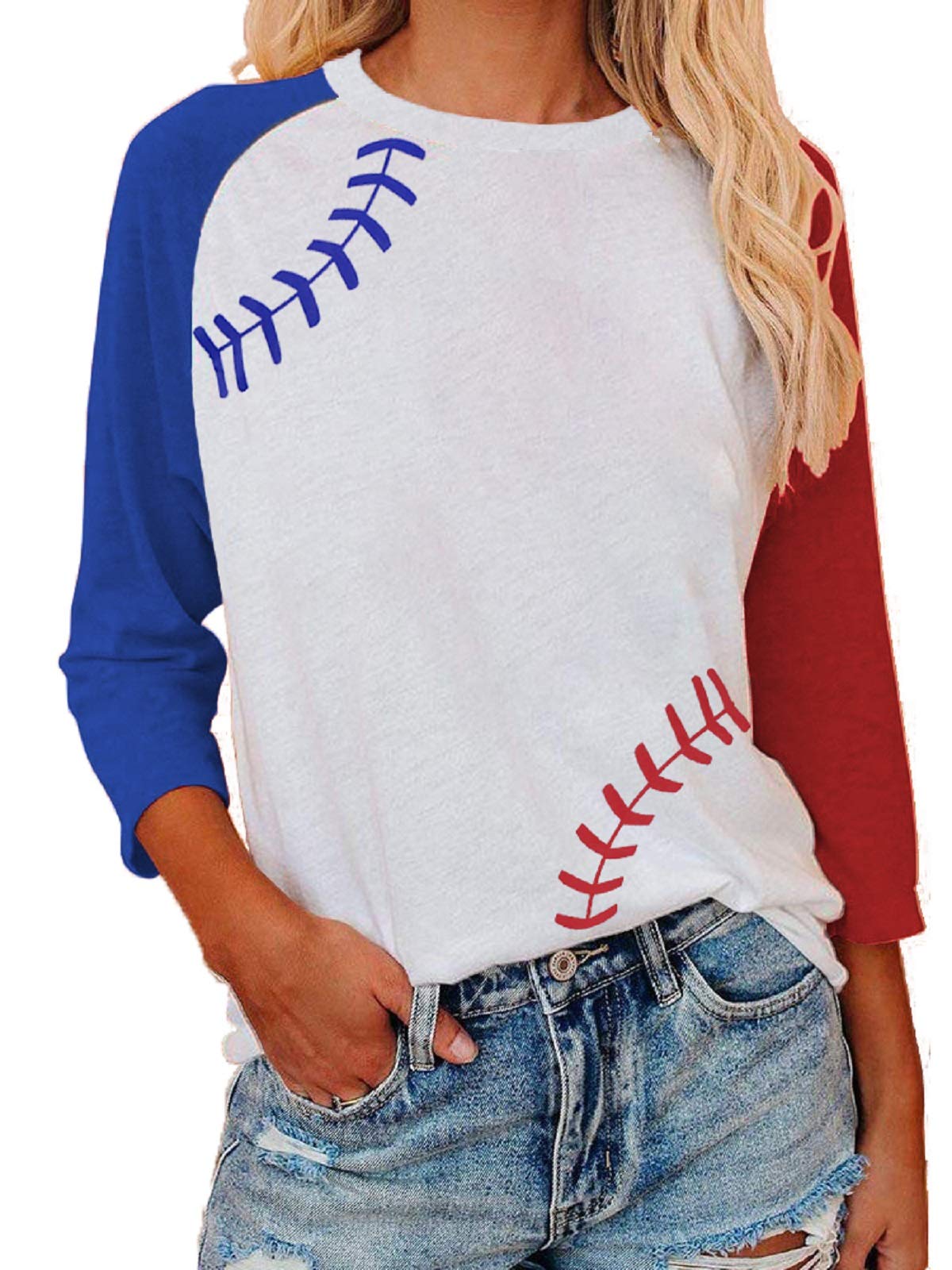 Red White Blue Baseball Tee for Women - Raglan Sleeve Softball Mom Shirt | Stylish & Comfortable Casual Wear for Sports, Outings & Everyday Fashion
