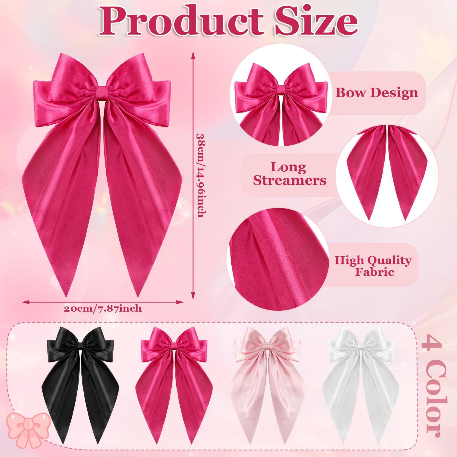 Large Pink Hair Bows for Women & Girls - 4 Pack Satin Hair Ribbons with Long Tails, Oversized Bow Clips & Barrettes - Perfect for Parties, Weddings, School & Everyday Hair Accessories