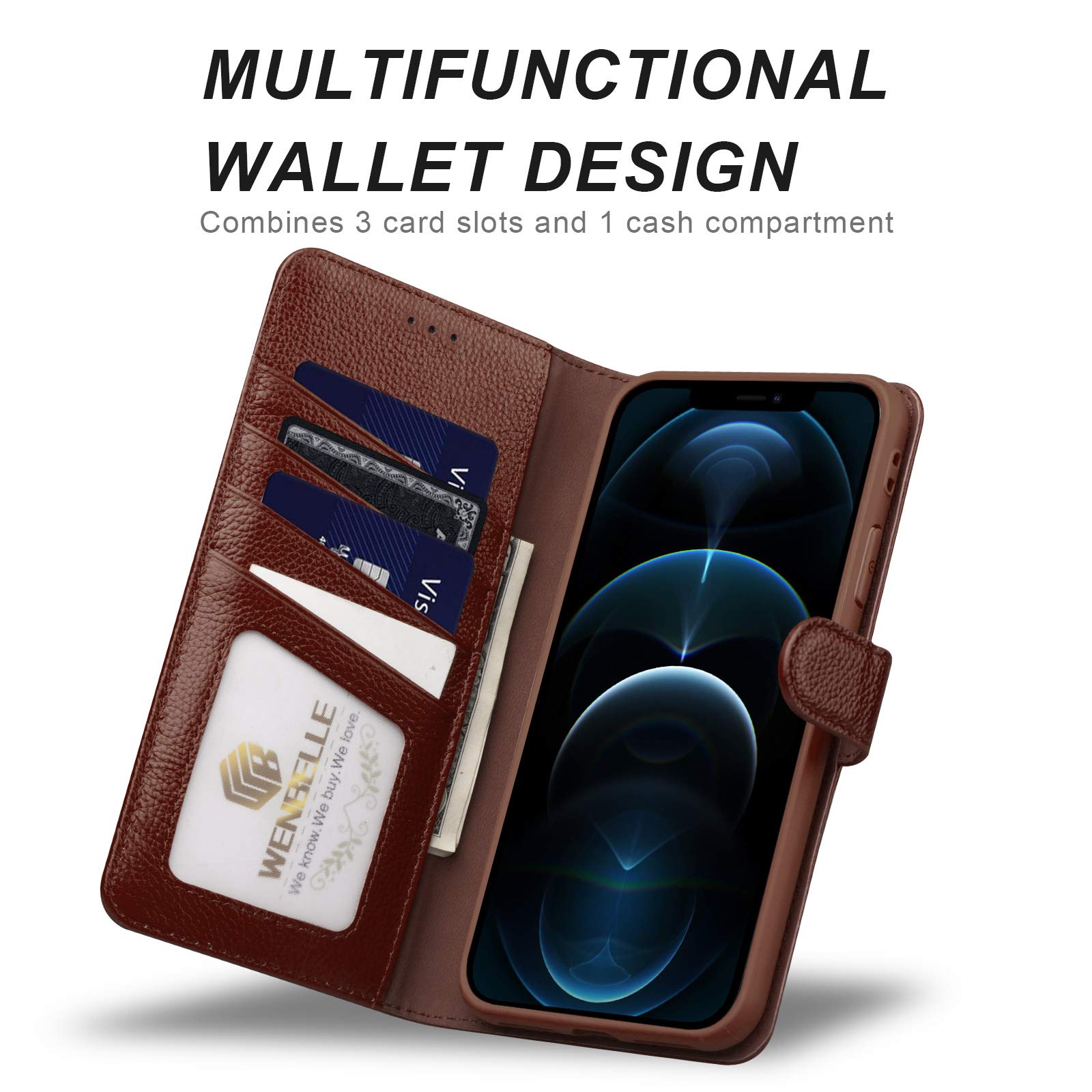 Premium Genuine Leather Wallet Case for iPhone 12 Pro Max 5G (6.7 inch) - RFID Blocking Protection, Shockproof TPU, Built-in Stand | Perfect for Business, Travel & Everyday Use