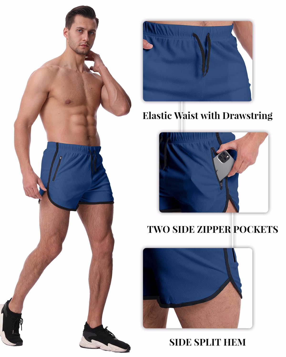 OEBLD Men's 3 Inch Running Shorts - Lightweight Breathable Quick-Dry Workout Shorts with Zipper Pockets for Jogging, Gym & Outdoor Sports