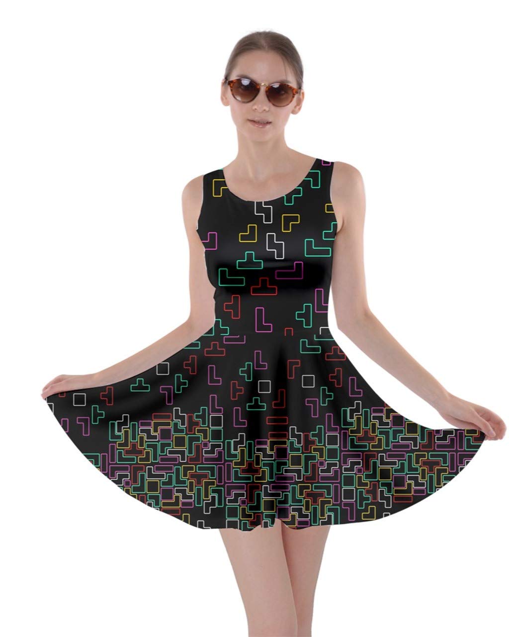 CowCow Women's Cartoon Robot Pixel Print Skater Dress with Pockets - Halloween Cosplay Party Outfit (XS-5XL) | Casual Wear, Costume Parties & Themed Events