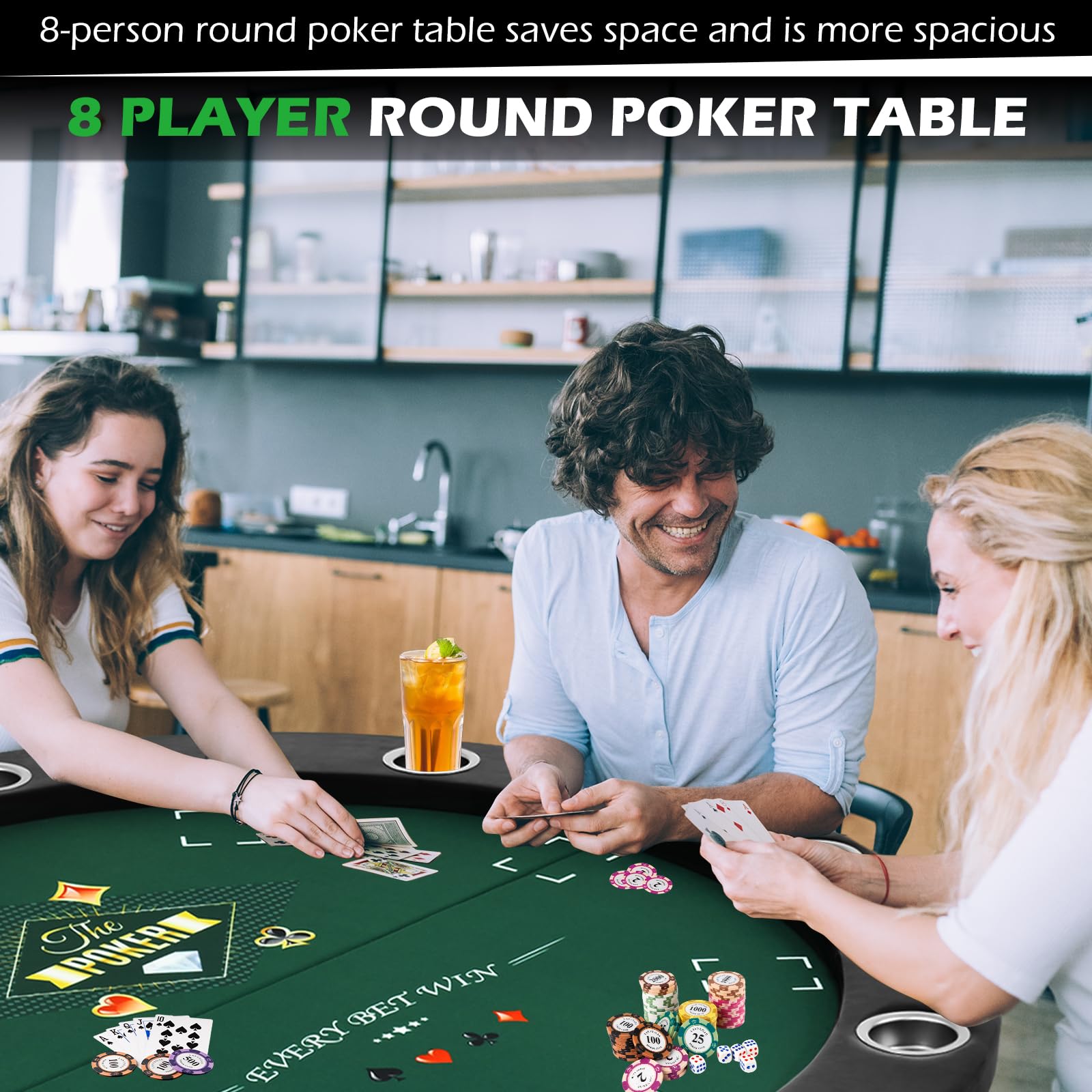 Premium 8-Player Round Poker Table Foldable - Casino Style Card Game Table with Stainless Steel Cup Holders & Padded Rails - Folding Texas Holdem Blackjack Table for Home Game Nights & Casino Parties (Black) - Perfect for Poker Nights, Casino Themed Events & Family Game Gatherings