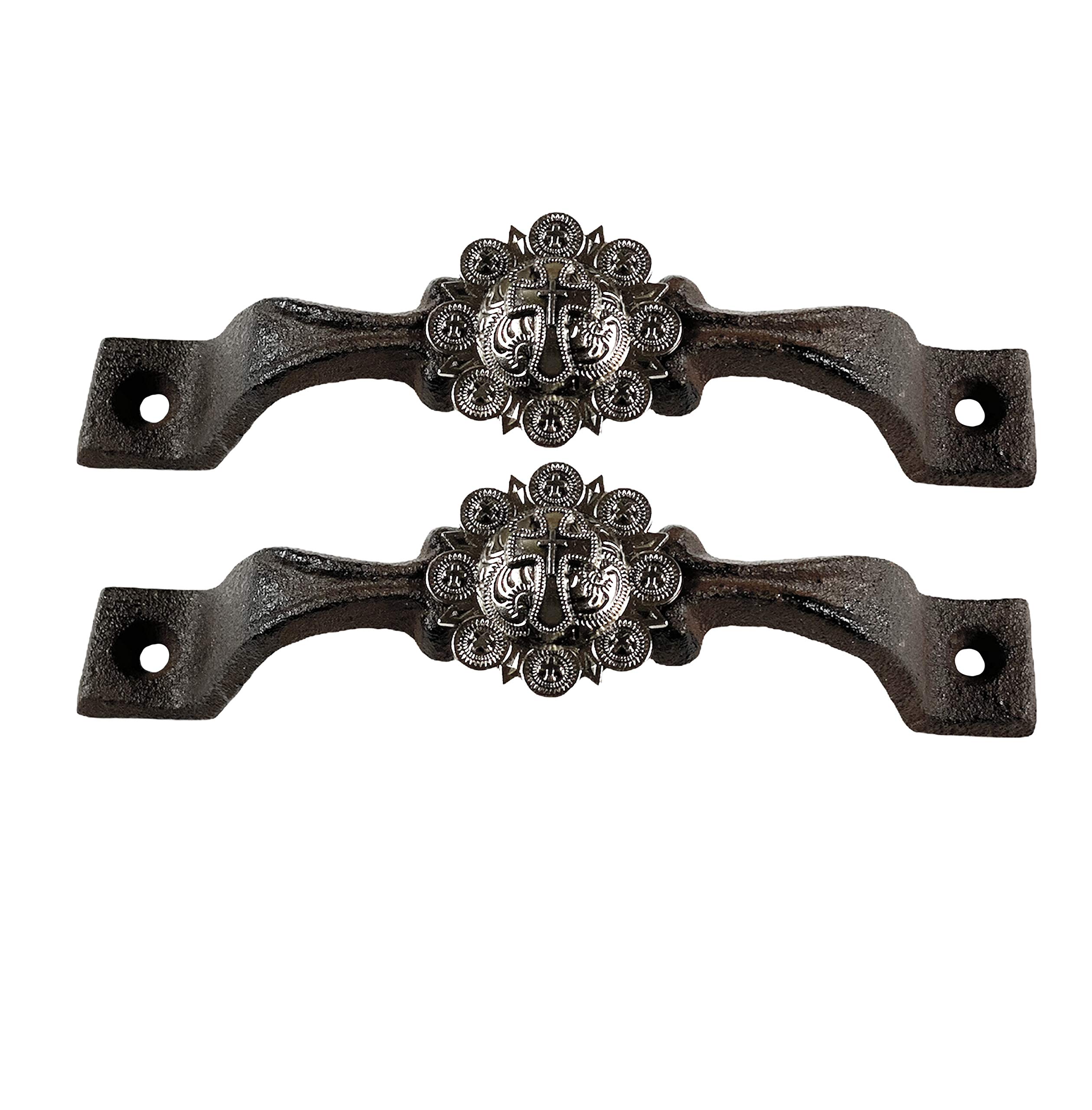 Western Cross Cast Iron Cabinet Handles & Drawer Pulls - Rustic Farmhouse Kitchen Hardware for Cabinets & Drawers - Silver Concho Western Decor (2 Pack) - Perfect for Country Home, Ranch Style Kitchen & Cabinetry Upgrade