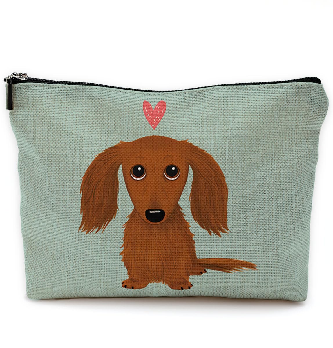 Cute Long-Haired Dachshund Cartoon Wiener Dog Heart Makeup Bag - Waterproof Travel Cosmetic Pouch with Zipper for Toiletries | Perfect for Travel, Gym & Daily Use | Funny Dachshund Puppy Design in Green