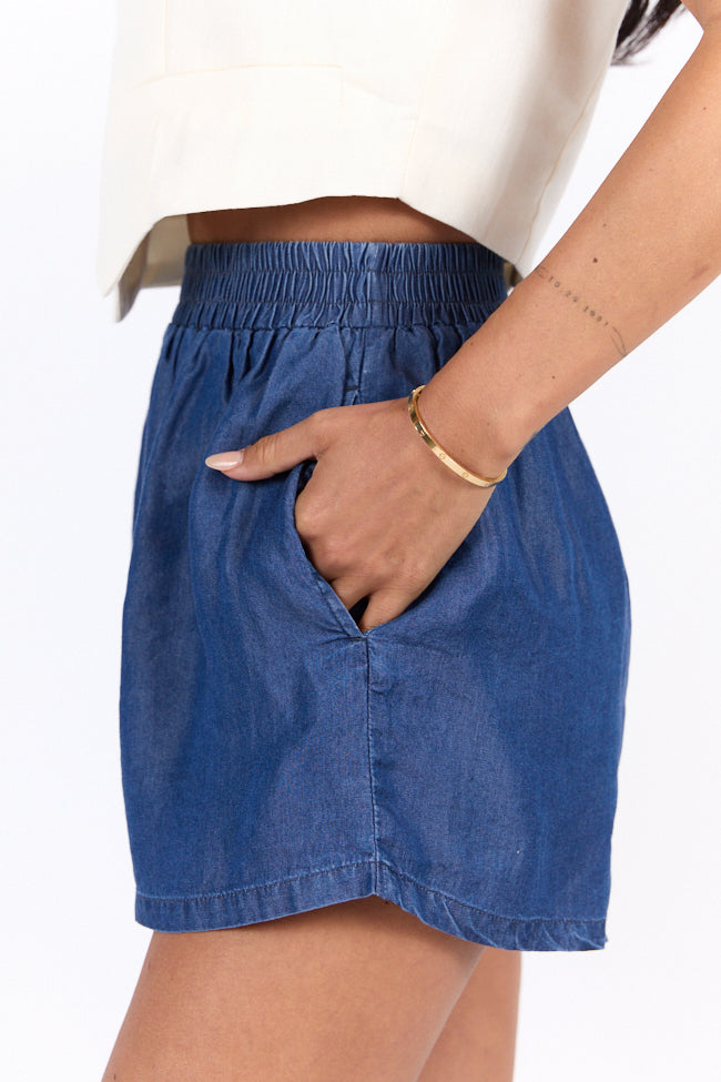 Daily Fit Dark Wash Pull On Chambray Shorts for Women - Comfortable Stretch Denim Shorts with Pockets | Perfect for Casual Wear, Summer Outfits & Beach Vacations