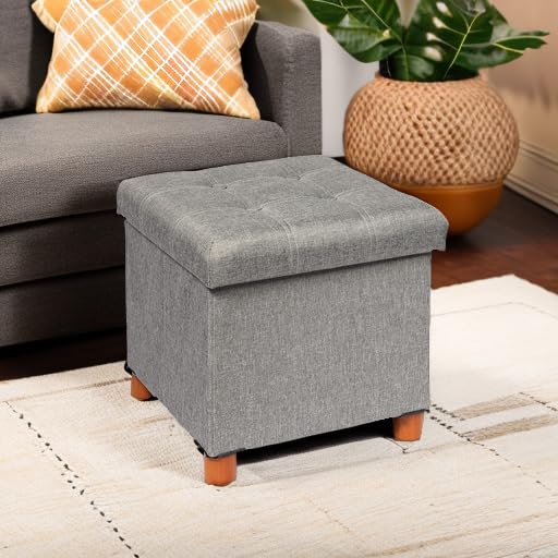 B FSOBEIIALEO Storage Ottoman with Tray - 15 Inch Grey Linen Foot Stool with Legs, Multi-Functional Cube Seat for Living Room, Bedroom & Entryway Storage