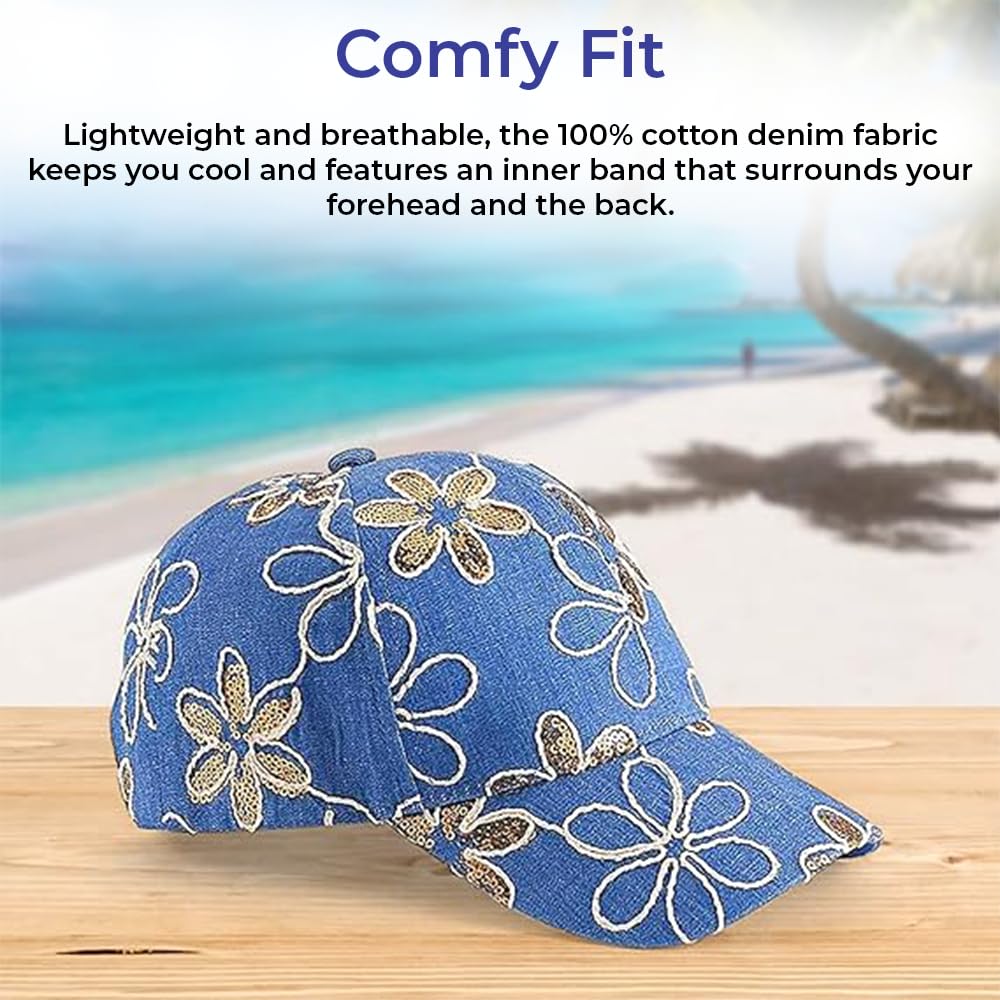 Embroidered Flowers Baseball Cap for Women - Adjustable Denim Hat with Gold Sequin Accents | 100% Cotton Fashion Sun Hat | Perfect for Outdoor Activities, Beach, and Casual Wear