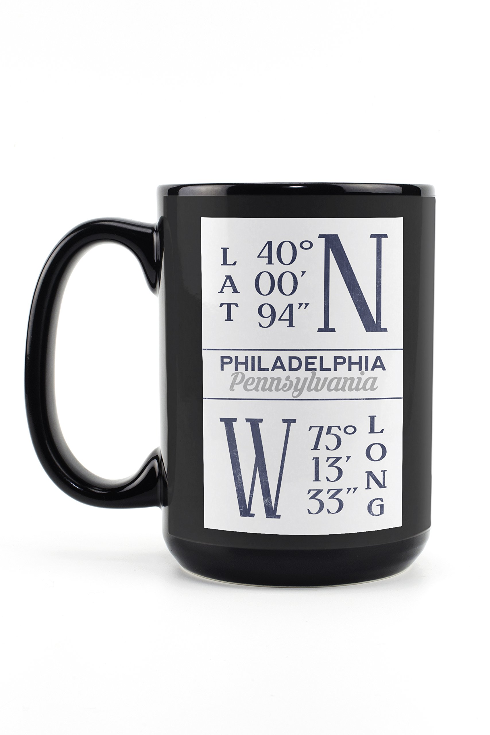 Lantern Press Philadelphia Pennsylvania Latitude Longitude Blue 15oz Black Ceramic Coffee Mug - Microwave & Dishwasher Safe - Perfect for Home, Office & Gifts
