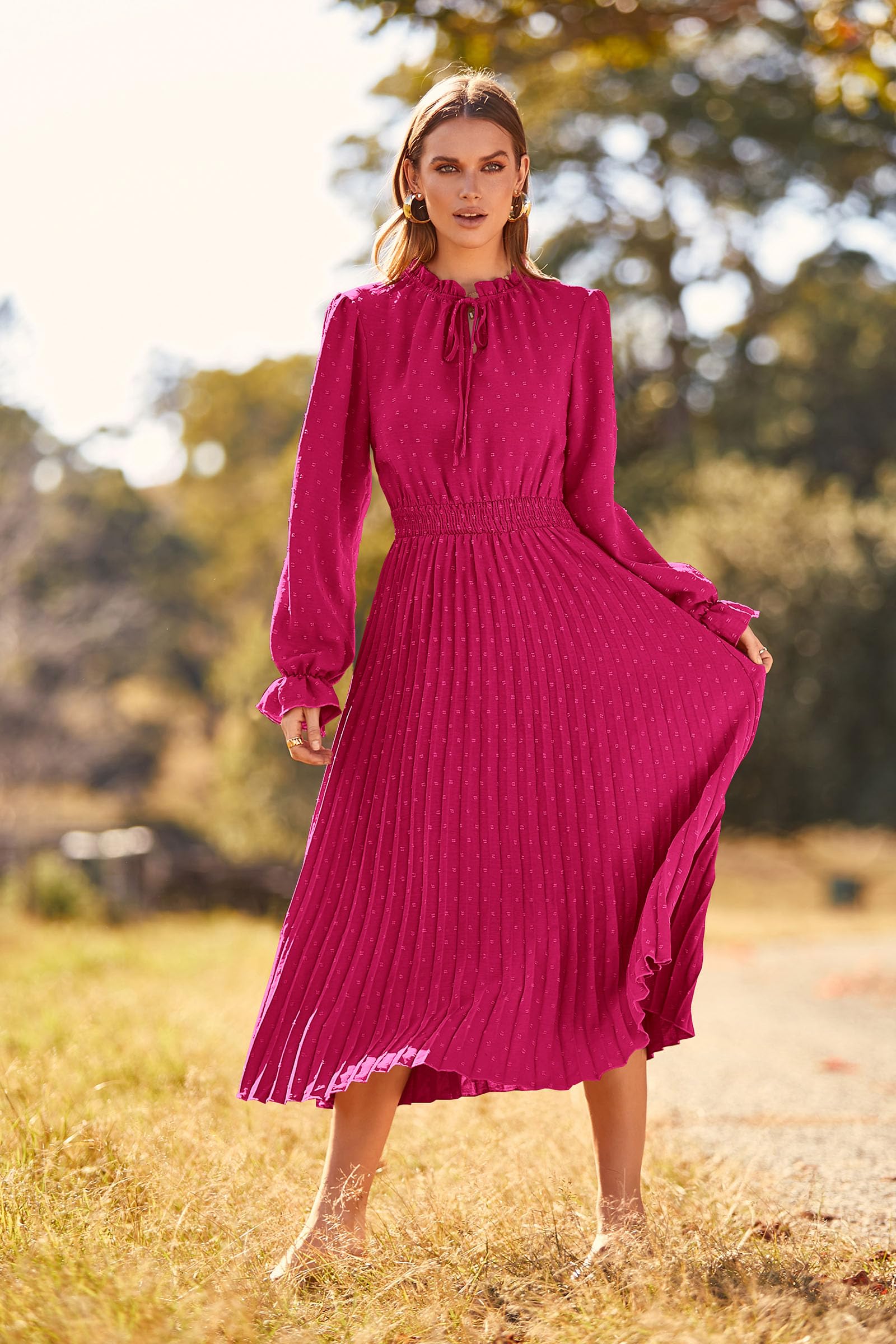 PRETTYGARDEN Women's Swiss Dot Pleated Midi Dress - Long Sleeve V-Neck A-Line Flowy Dress for Spring Fall 2025 | Casual Office Wear, Date Night & Special Occasions