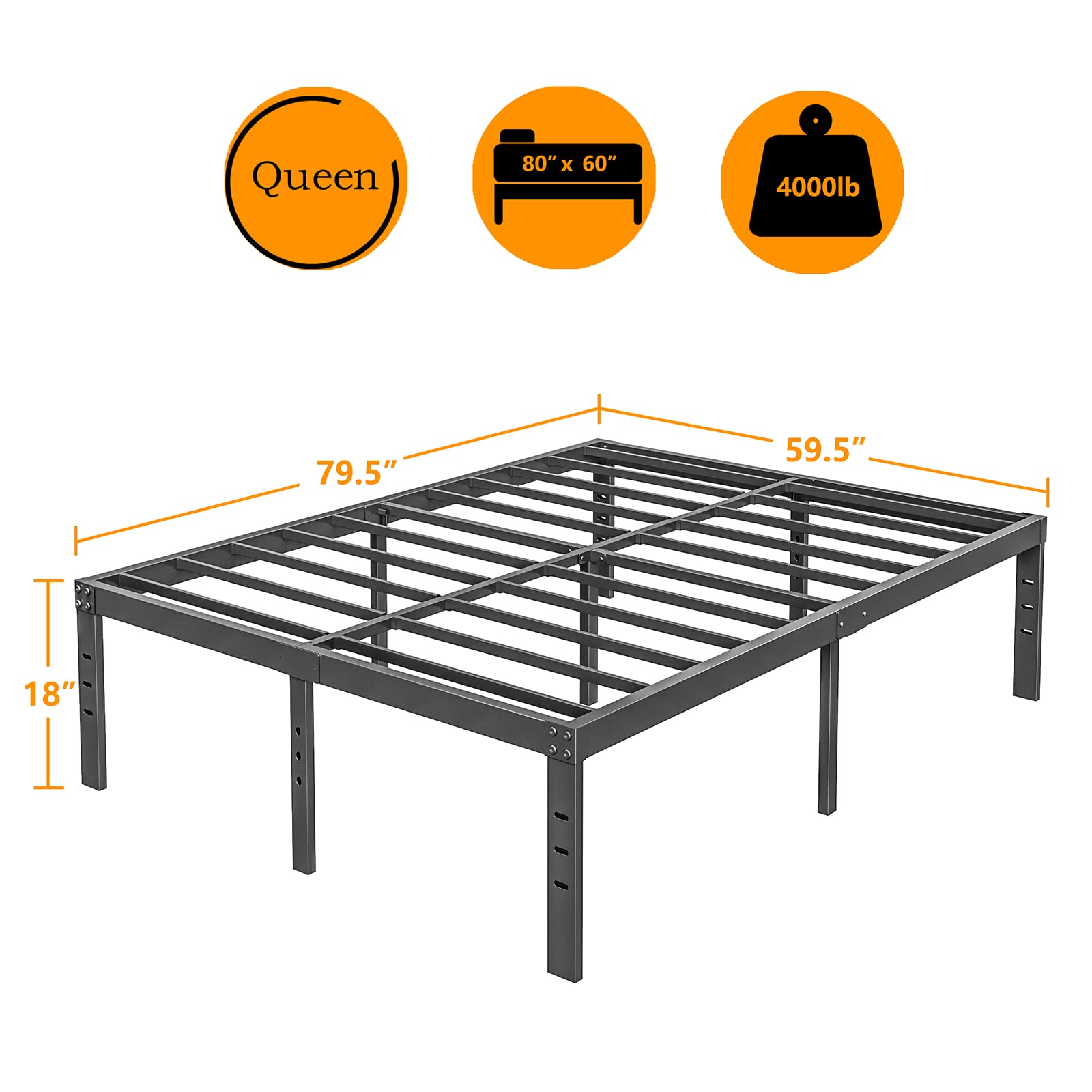 COMASACH 18-Inch Heavy Duty Metal Queen Bed Frame - No Box Spring Needed, Under Bed Storage, Noise-Free Mattress Support up to 4000Lbs - Easy Assembly for Bedroom, Guest Room, Dorm & Apartment