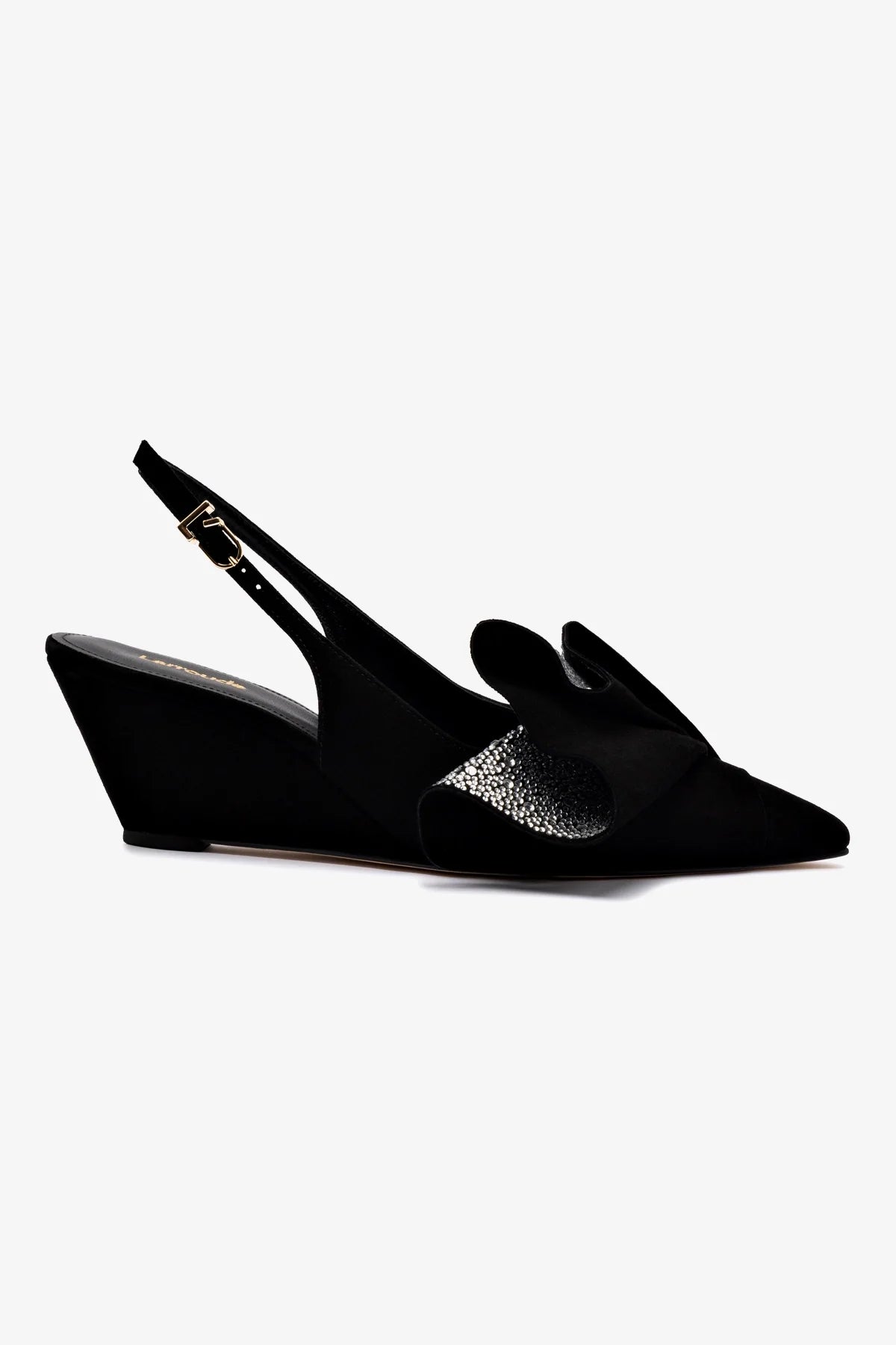 Black Suede Loulou Ruffle Pump with Crystals - Elegant Women's Heels for Parties, Weddings & Special Occasions