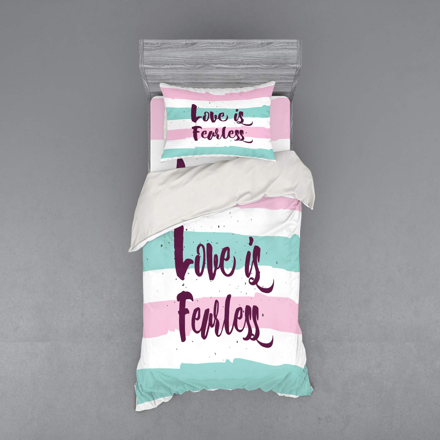 Ambesonne Romantic 3-Piece Twin Size Bedding Set - Pastel Plum, Pink & Mint Green Duvet Cover with Sham & Fitted Sheet, Love is Fearless Inspirational Quote | Perfect for Couples, Guest Rooms & Cozy Bedroom Decor