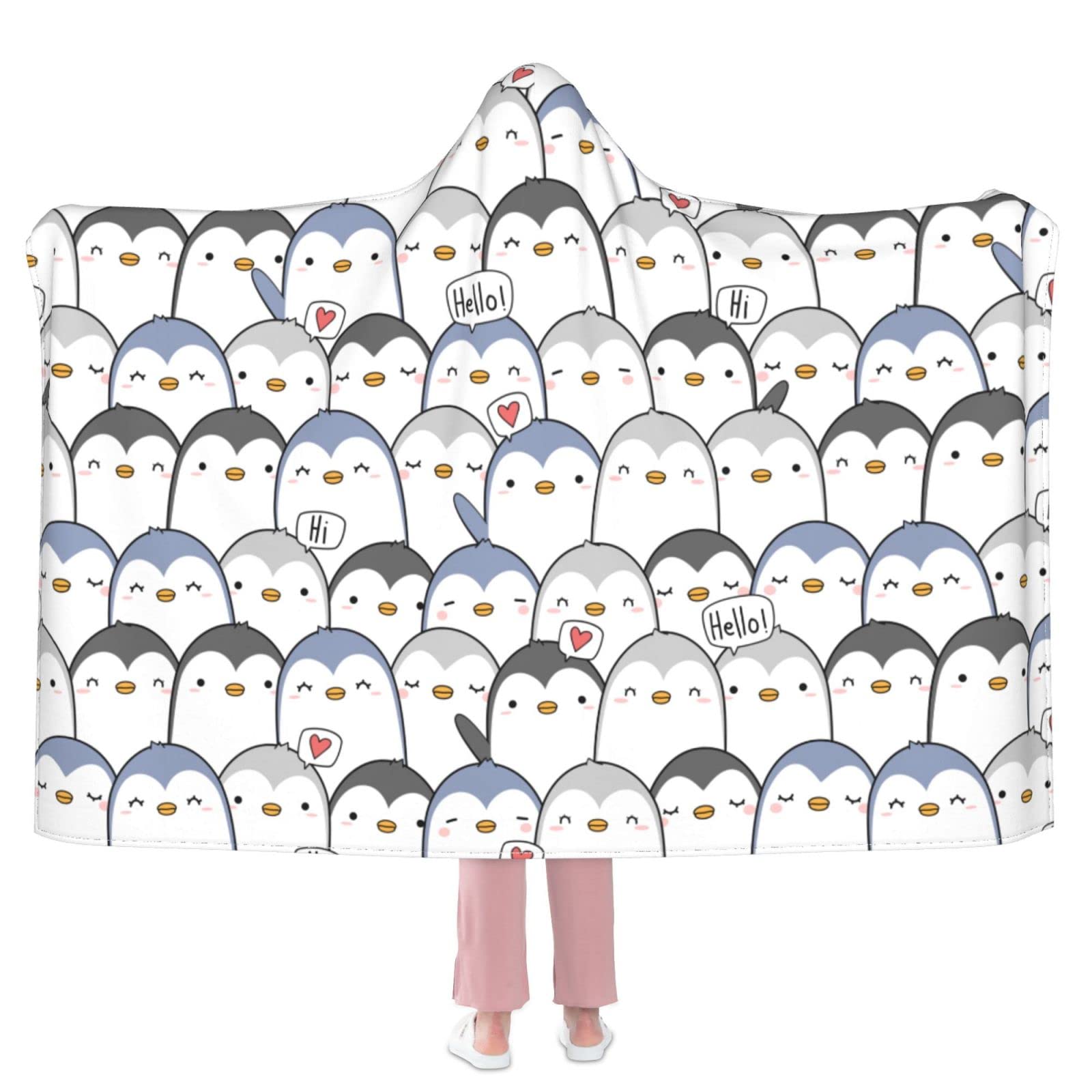 Penguin Hooded Blanket - Soft Flannel Wearable Throw Blanket with Hood | Warm Fleece Hoodie Blanket for Kids & Adults | Perfect for Movie Nights, Camping & Winter Lounging