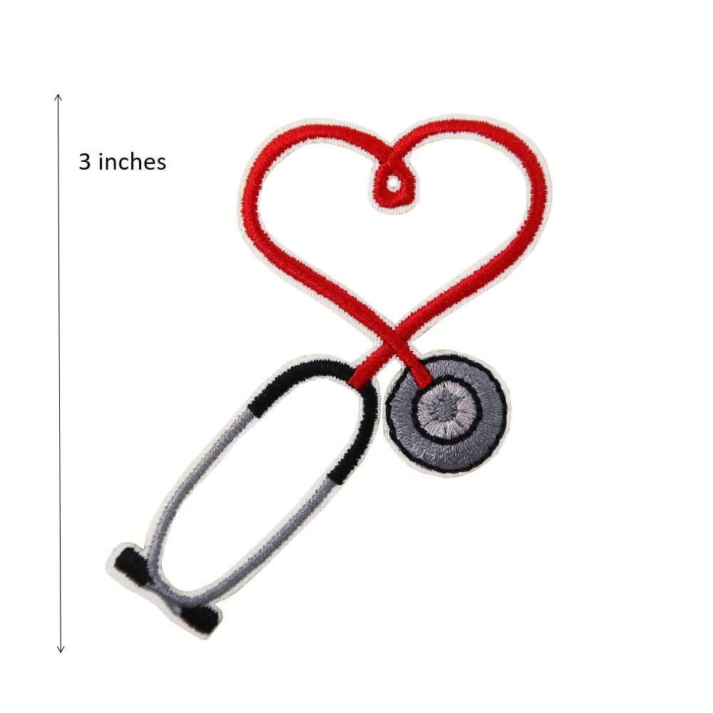Red Stethoscope Embroidered Iron-On Patches for Scrubs - Nurse & Doctor Medical Applique - Perfect for Uniforms, Lab Coats & Medical Accessories