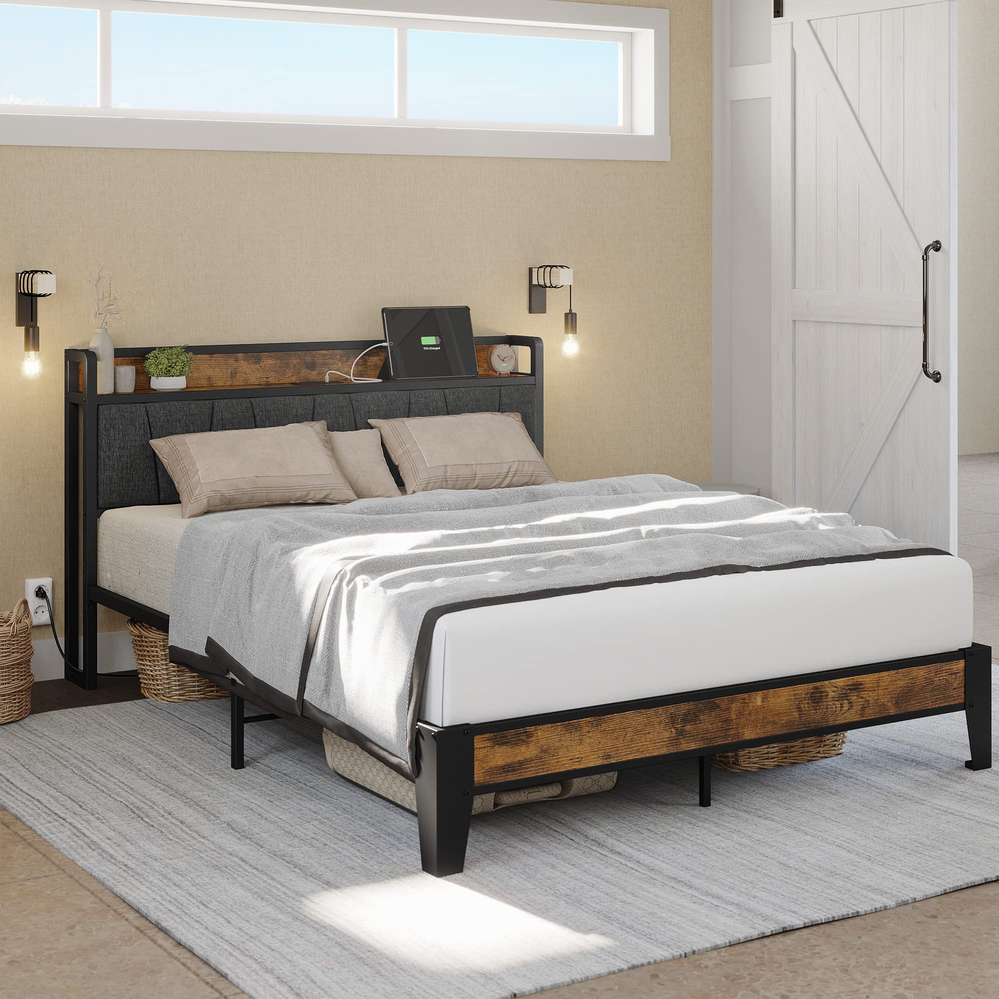 LIKIMIO Full Size Bed Frame with Storage Headboard & USB Charging Station - Sturdy Metal Platform Bed, Quiet & Easy Assembly, No Box Spring Needed - Perfect for Small Bedrooms, Apartments & Dorm Rooms