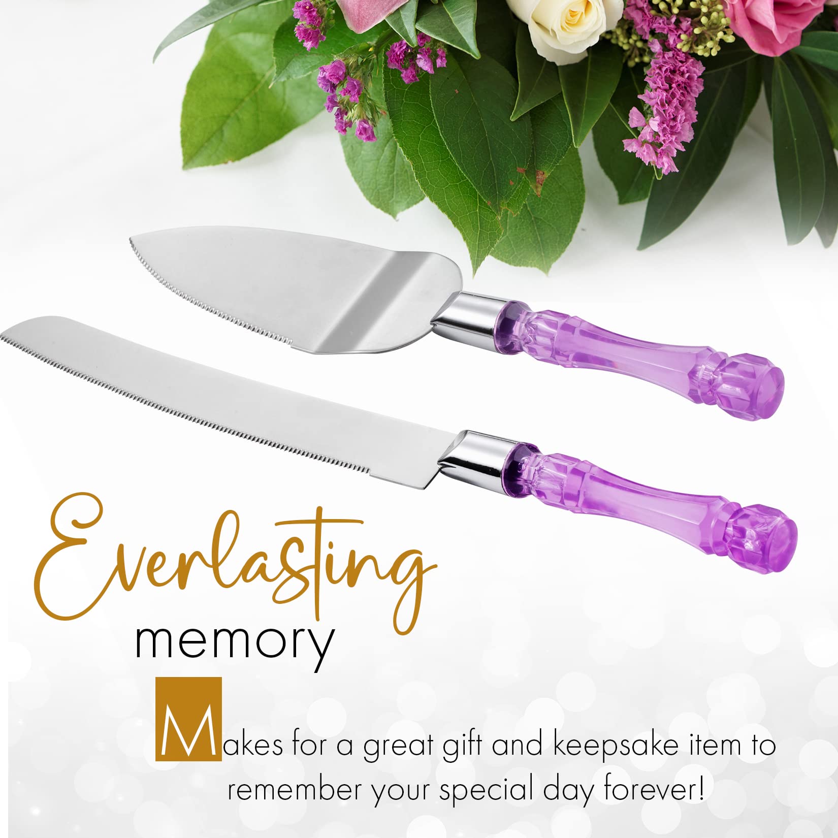 Premium Acrylic Crystal Handle Cake Knife and Server Set - Elegant Cake Cutter & Pie Spatula for Wedding, Birthday, Party Desserts (Purple Silver) - Perfect for Cake Cutting Ceremonies, Buffet Serving & Special Occasions