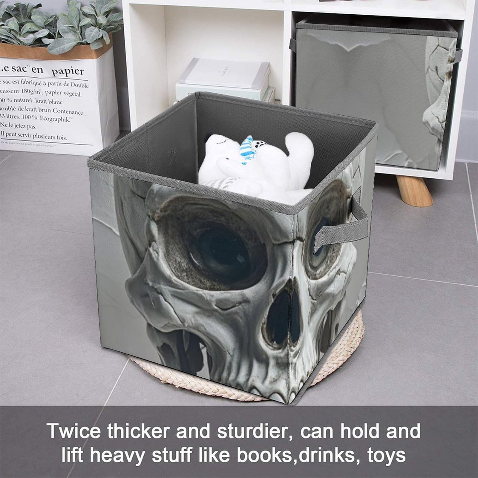 Skull Pattern Storage Bins - Large Collapsible Closet Organizer with Handles (10.6x10.6x10.6 Inch) - Gray & White Storage Cubes for Home, Office, Bedroom, Kids Room Organization