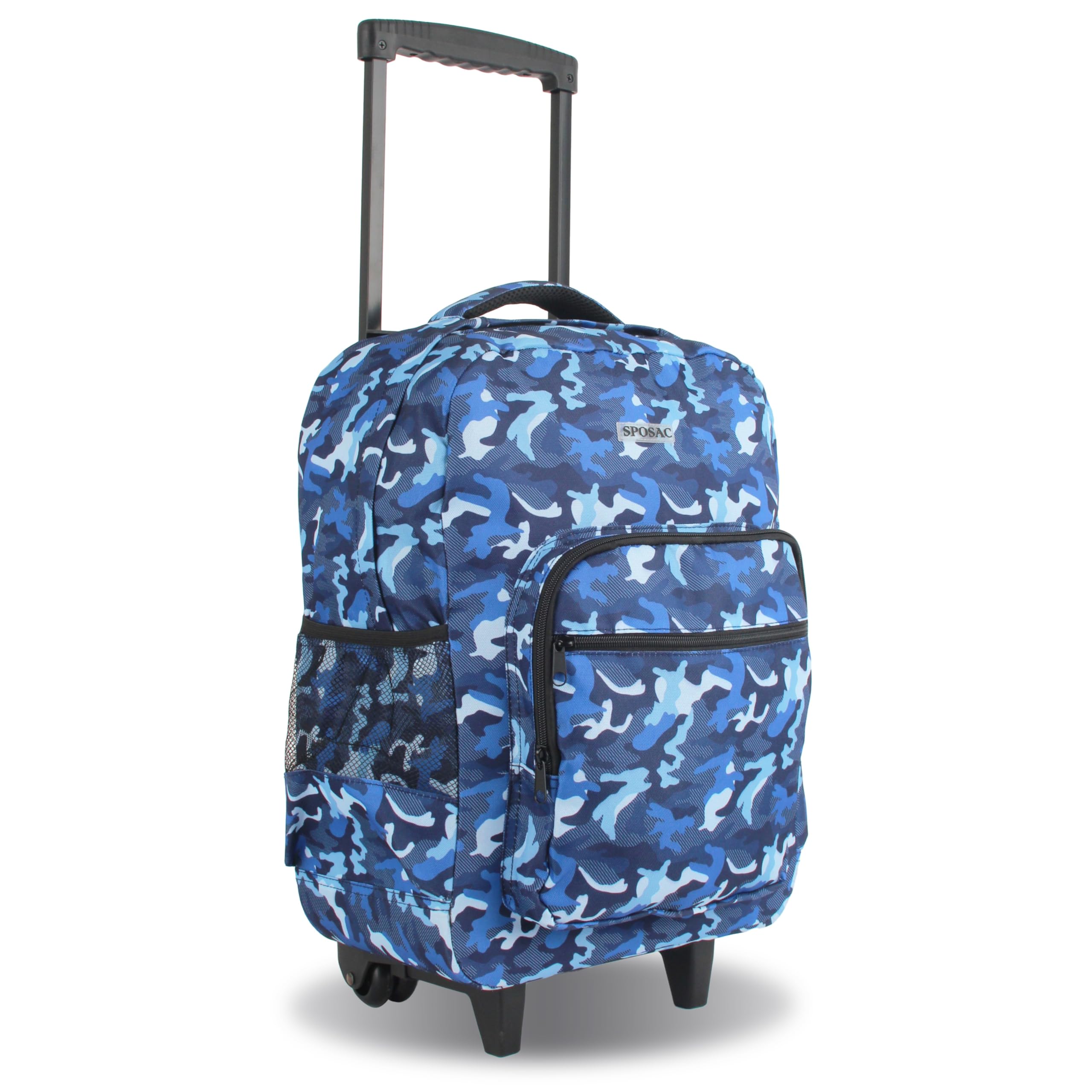Unisex Rolling Backpack for Kids & Adults - Boys Girls Wheeled Luggage with 360° Spinner Wheels, Blue Camo Design, 19 Inch Carry On Size - Perfect for School, Travel & Daily Commute