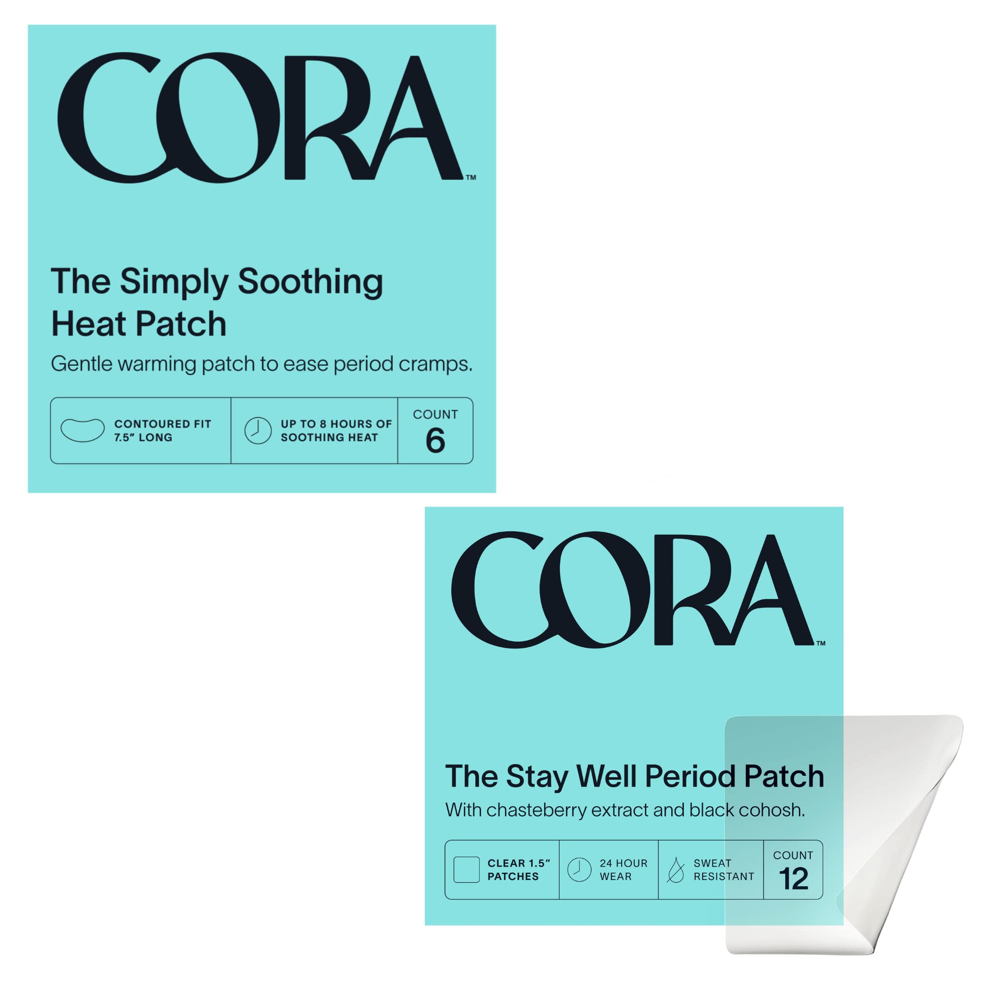 Cora Heat Patch and PMS Patch for Menstrual Relief - 1 Pack Each of Heat Relief Patch & PMS Patch - Natural Period Pain Relief for Cramps, Bloating, Back Pain - Perfect for Work, Gym & Daily Comfort