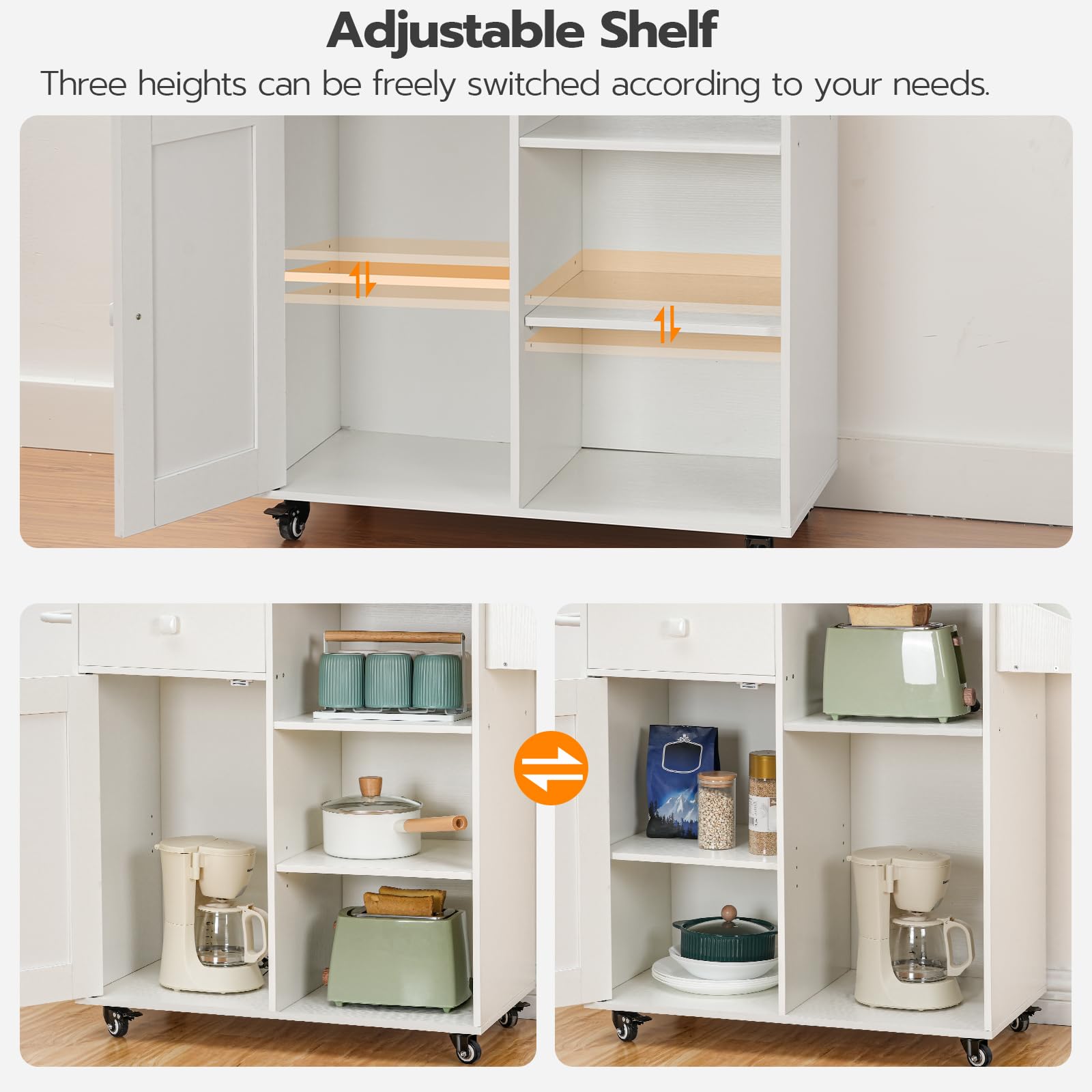 HOOBRO White and Natural Kitchen Island with Storage Cabinet, Drawers, Spice & Towel Rack - Space Saving Kitchen Cart for Small Spaces, Easy Assembly - Perfect for Cooking, Dining & Living Room Organization (Model WN12ZD01)