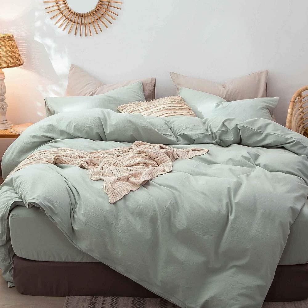 Sage Green Washed Cotton Duvet Cover Set - Boho Style Linen-Like Textured Bedding - Breathable, Durable & Soft Comforter Cover for Queen/King Size - Perfect for Bohemian Bedroom Decor & Cozy Home Styling