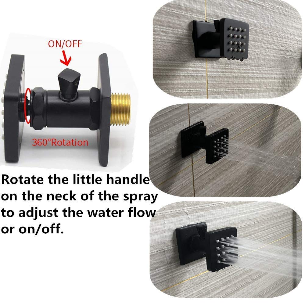 Premium Matte Black Solid Brass Shower Body Spray with On/Off Switch - Adjustable Square Massage Jets, Wall Mounted, 1/2