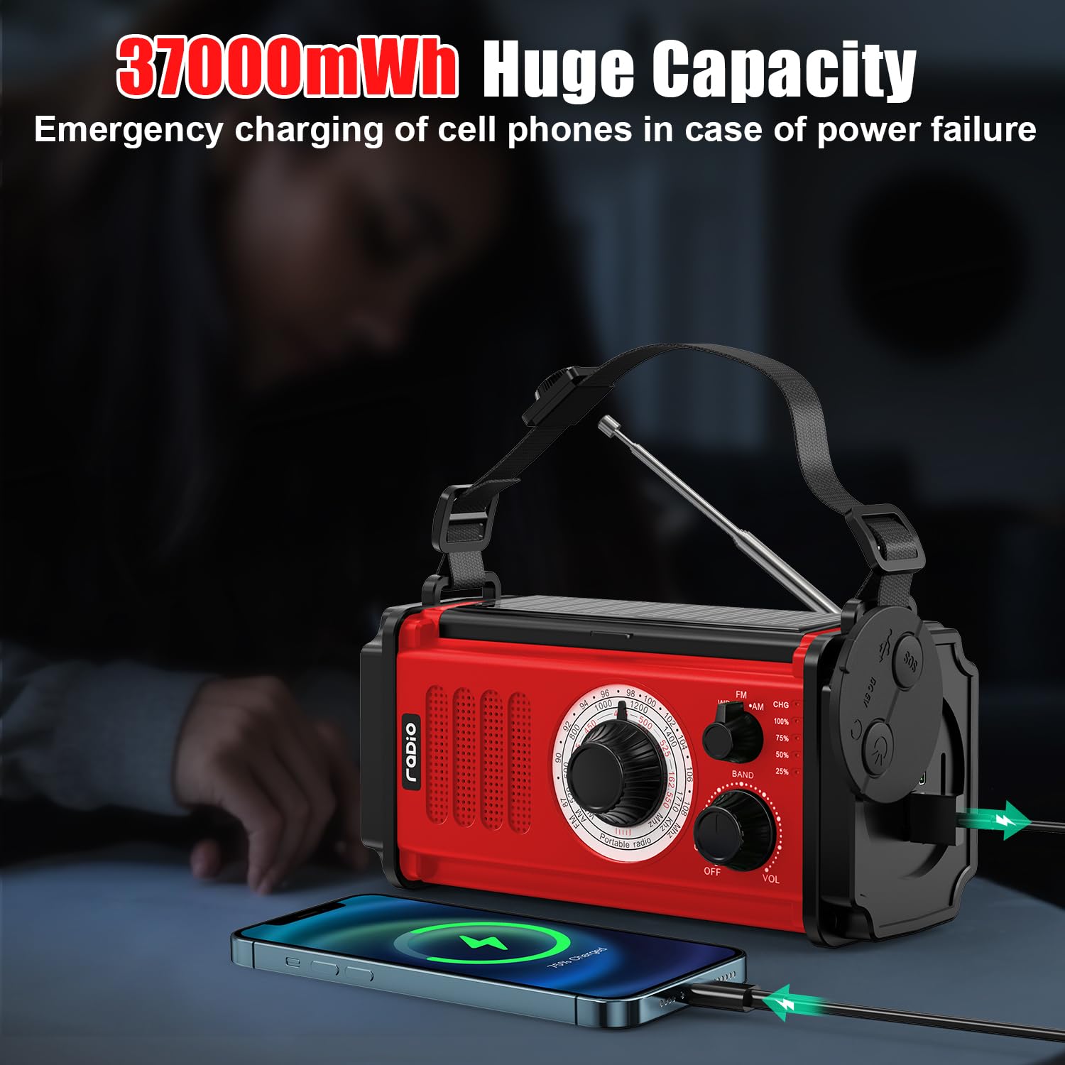 **37000mAh Solar Hand Crank Emergency Weather Radio - Portable AM/FM/NOAA Radio with USB Charger, Flashlight, Reading Light & SOS Alarm - Perfect for Camping, Hiking, and Power Outages**