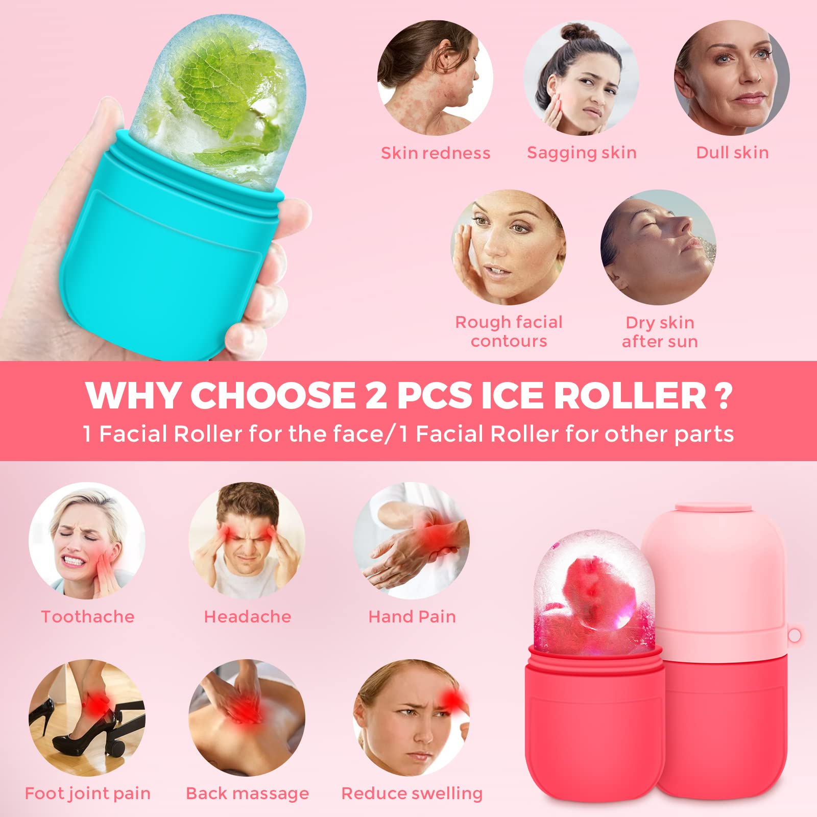 SerDa-Run 2-Pack Ice Face Roller & Gua Sha Massage Tool - Cooling Facial Roller for Puffy Eyes, Dark Circles & Skin Tightening - Reduce Fine Lines & Brighten Skin - Blue & Pink Set for Home & Spa Skincare Routine