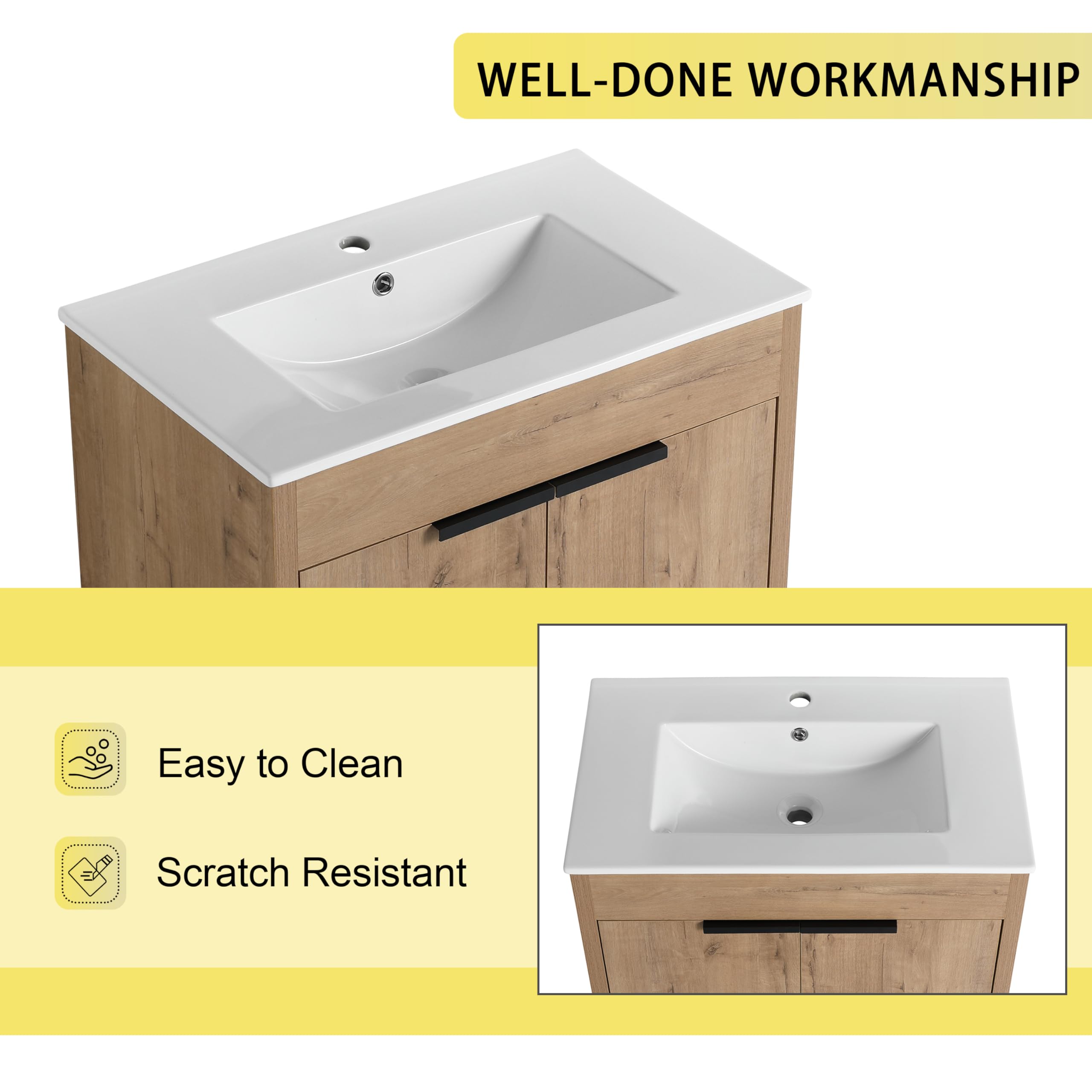30 Inch Modern Freestanding Bathroom Vanity Set with Sink - Single Sink Bathroom Cabinet in Brown Finish - Perfect for Small Bathrooms, Powder Rooms & Apartment Remodels