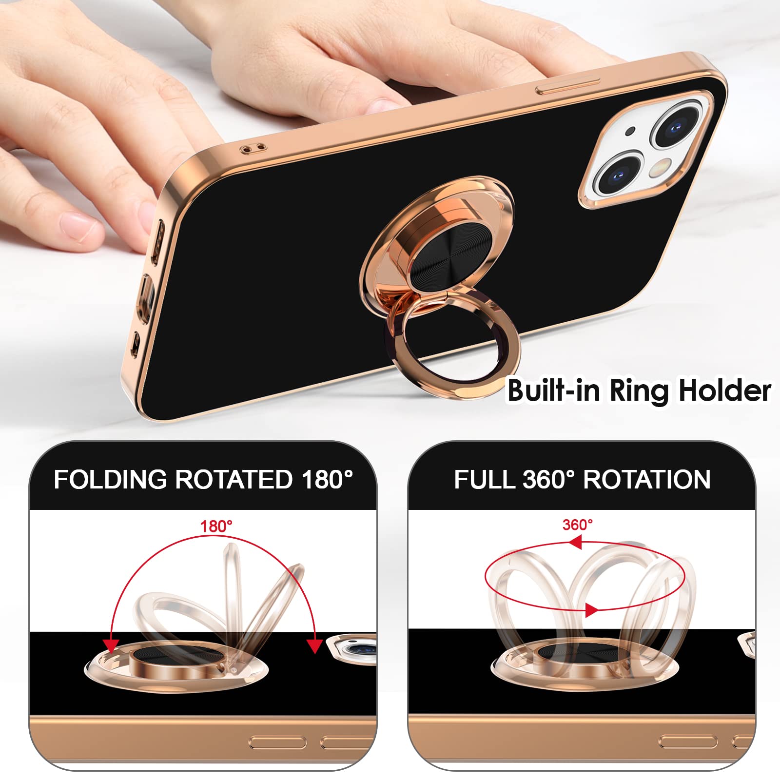 Premium Magnetic Phone Case for iPhone 13 - 360° Rotatable Ring Stand & Car Mount Compatible | Slim Flexible TPU Cover with Rose Gold Plated Edges (Black) - Perfect for Hands-Free Viewing, Workouts & Travel