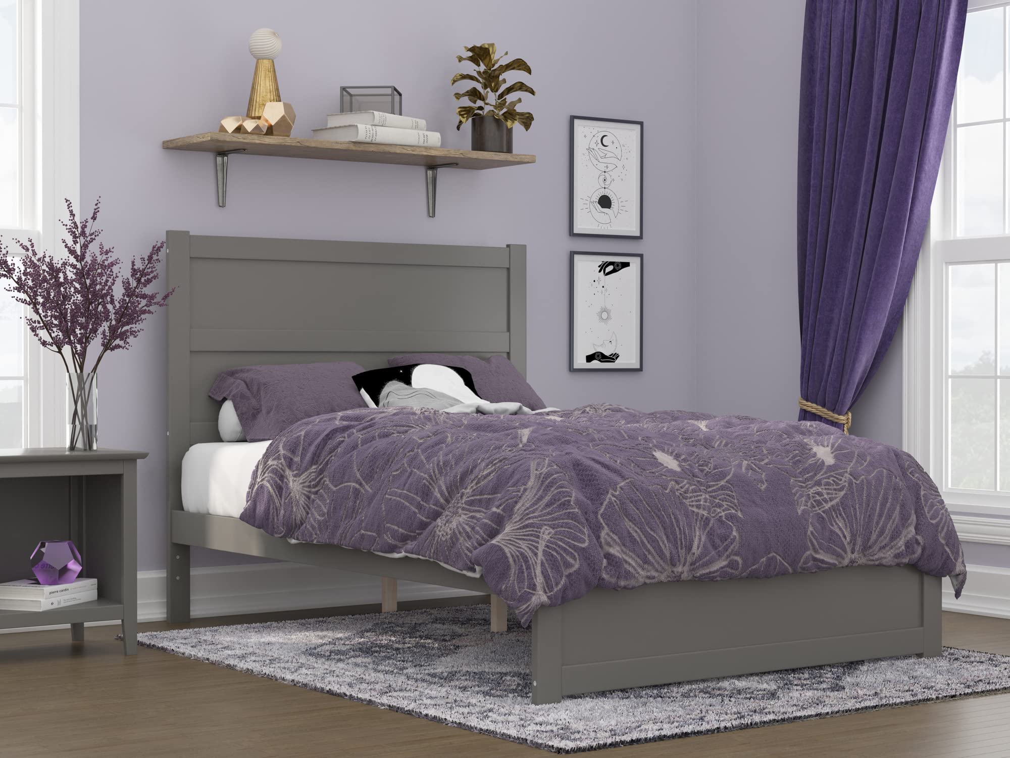 AFI NoHo Full Size Platform Bed with Footboard & USB Charging Station - Modern Grey Wooden Bed Frame for Small Spaces & Apartments - Perfect for Bedrooms, Guest Rooms & Studio Apartments