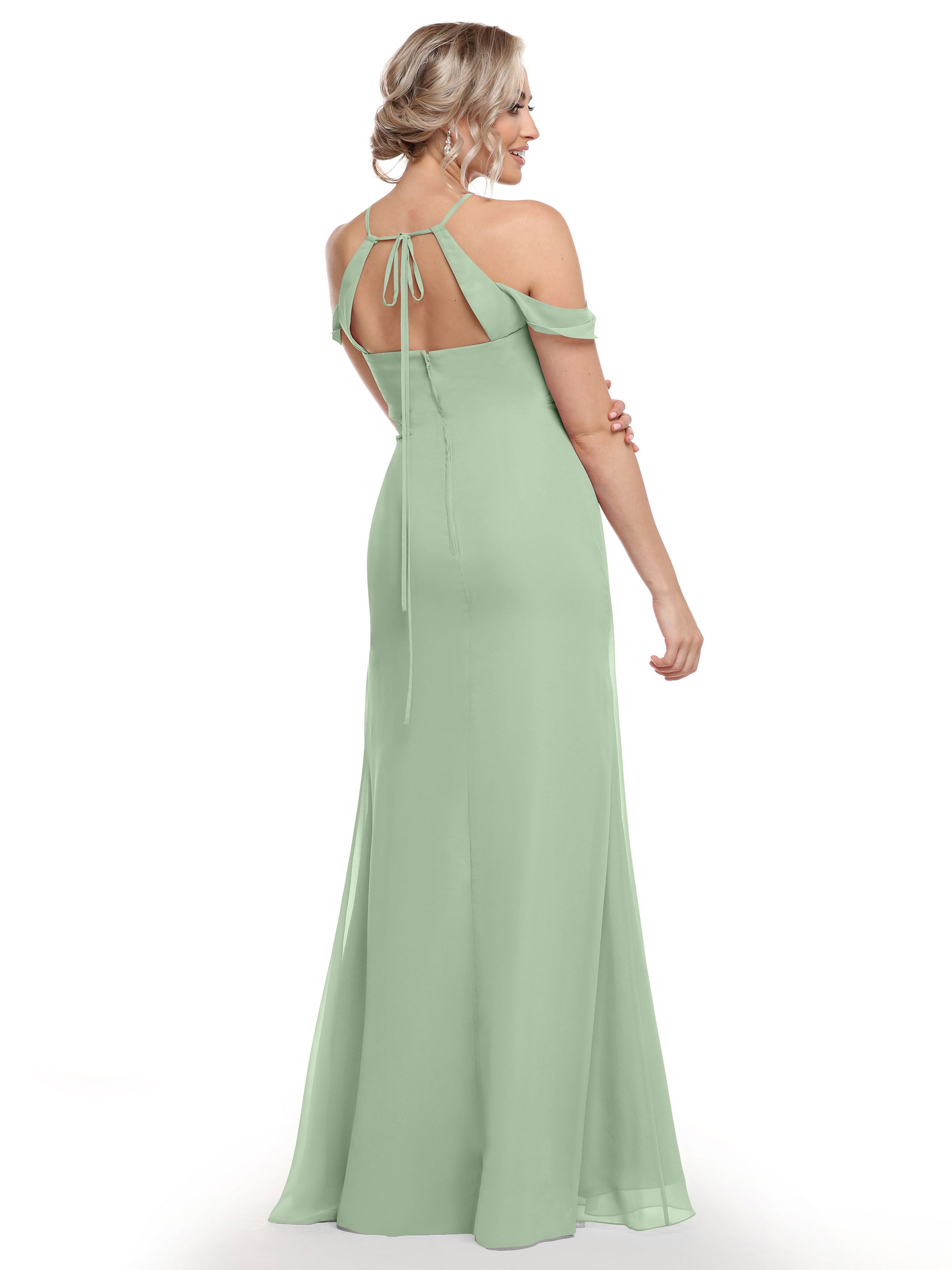 Elegant Off-The-Shoulder Chiffon Bridesmaid Dress with Halter Neckline - Perfect for Weddings, Prom & Formal Events | Style 80148