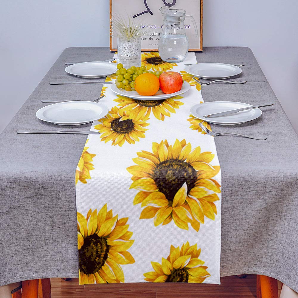 White Sunflower Cotton Linen Table Runner - 13x108 Inch Rectangle Table Scarf for Farmhouse Kitchen, Dining Room, Party & Wedding Decor - Perfect for Holiday Dinner Settings and Home Decor