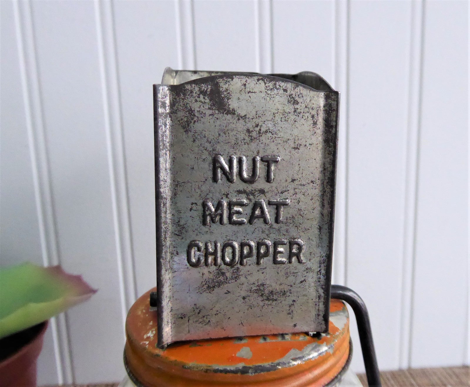 Vintage 1930s Hazel Atlas Glass Nut Chopper with Metal Top - Original Orange Paint - Perfect for Crushing Nuts, Herbs, and Spices for Baking, Cooking & Cocktails