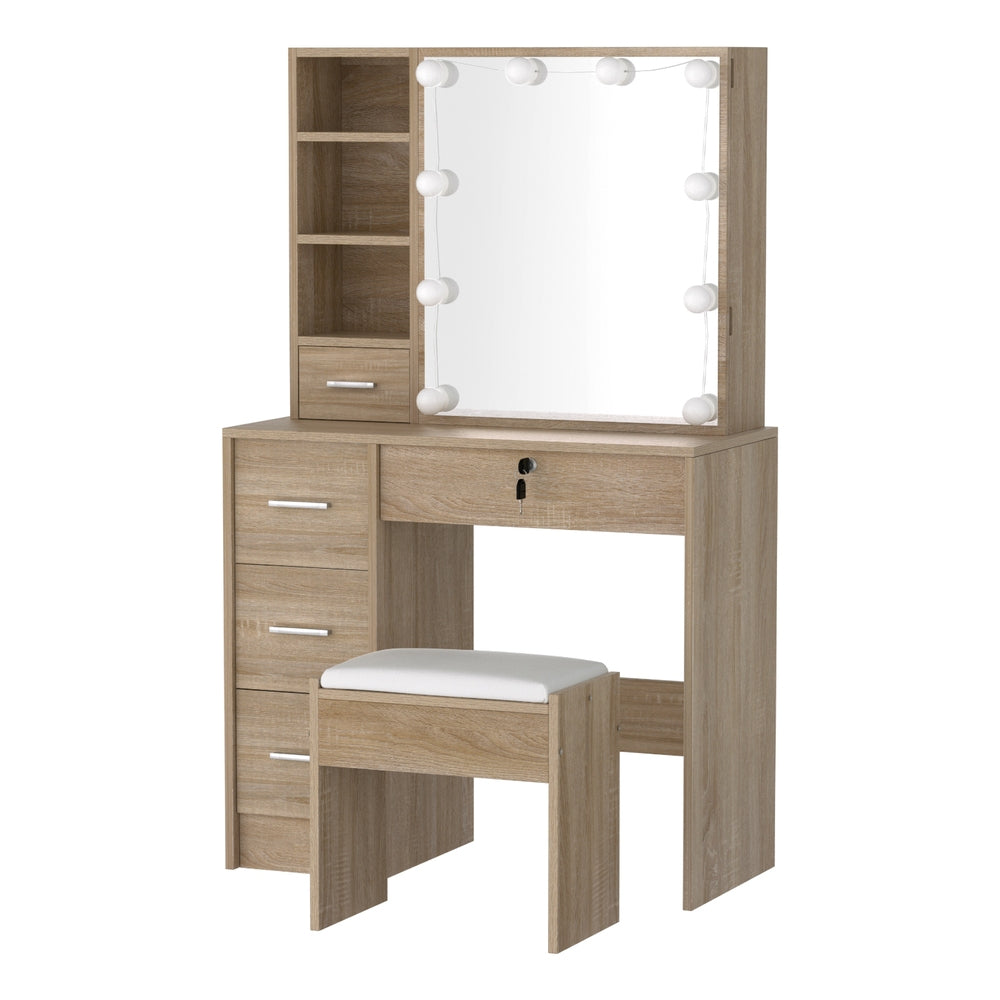 Vanity Dressing Table Set with Stool & 10 LED Bulbs - Wooden Makeup Desk for Bedroom, Boudoir, and Beauty Salon | Perfect for Makeup Application, Hair Styling & Home Decor