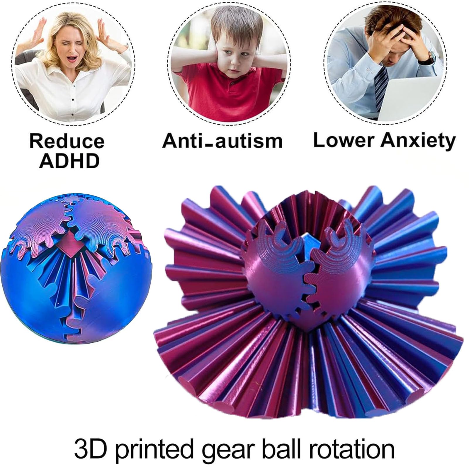 2 Packs DIY Gear Ball - 3D Printed Fidget Toy for Stress Relief, Anxiety & Focus - Spinning Gear Sphere Cube Desk Toy for Kids & Adults - Perfect Christmas Birthday Gift for Office, School, Home Use (P&G)