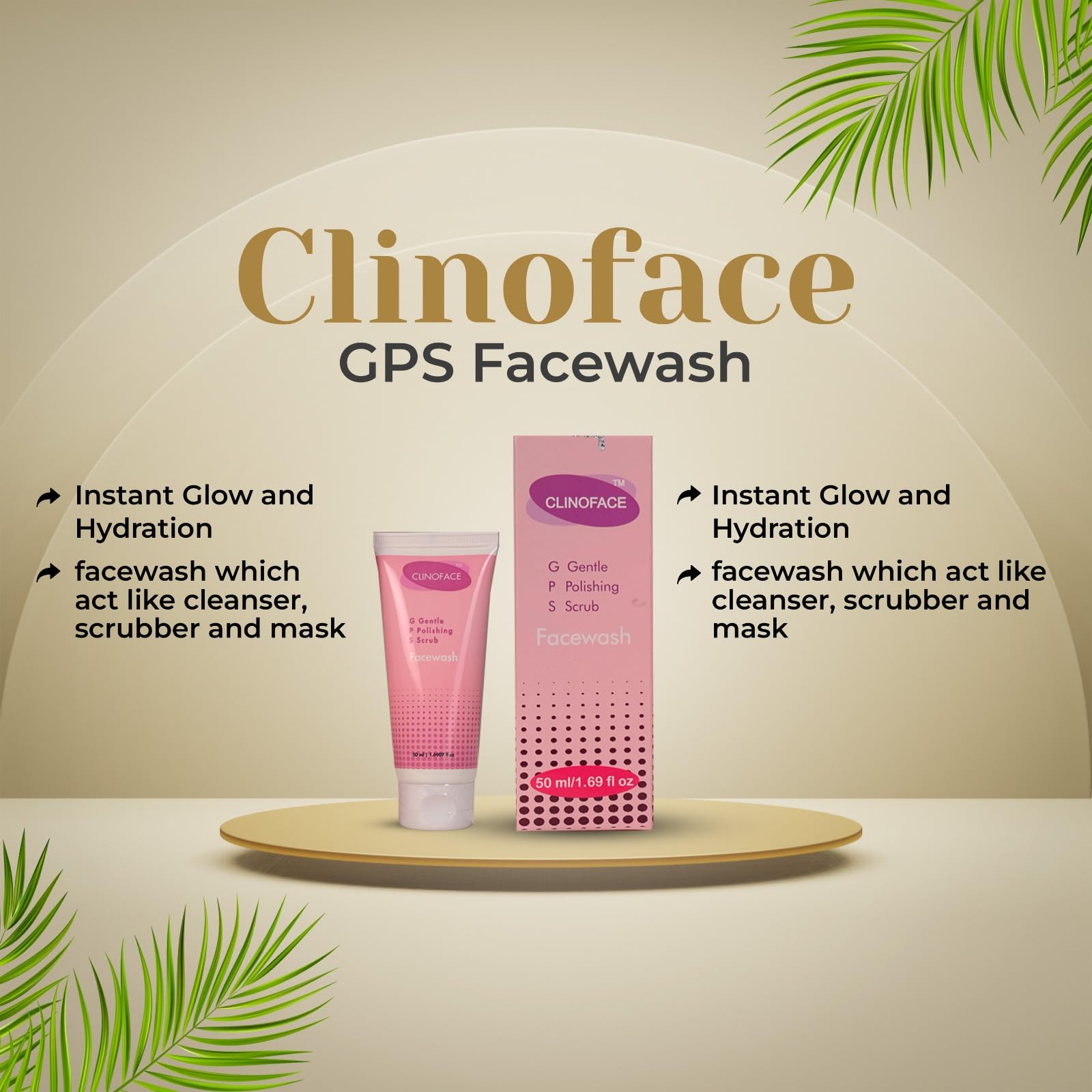 CLINOFACE GPS Gentle Polishing Scrub Face Wash - 3-in-1 Exfoliating Cleanser, Scrub & Mask for Instant Glow & Hydration | Cooling Effect for Men & Women | 50ml | Perfect for Daily Skincare Routine & Post-Workout Refreshment
