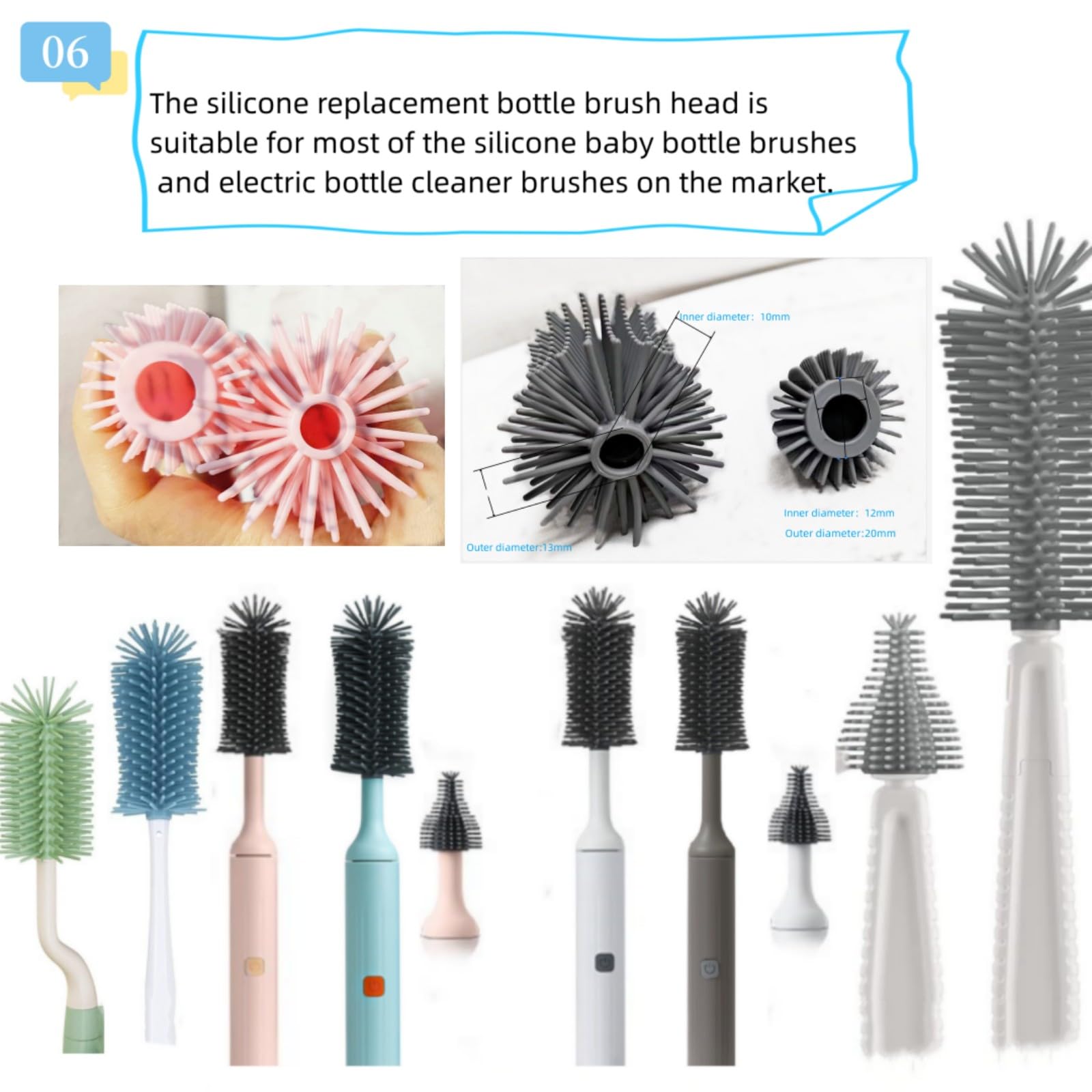 Electric Baby Bottle Brush Heads - 2 Pack with Nipple Cleaner | Compatible with Silicone Brushes | Perfect for Sterilizing & Cleaning Bottles