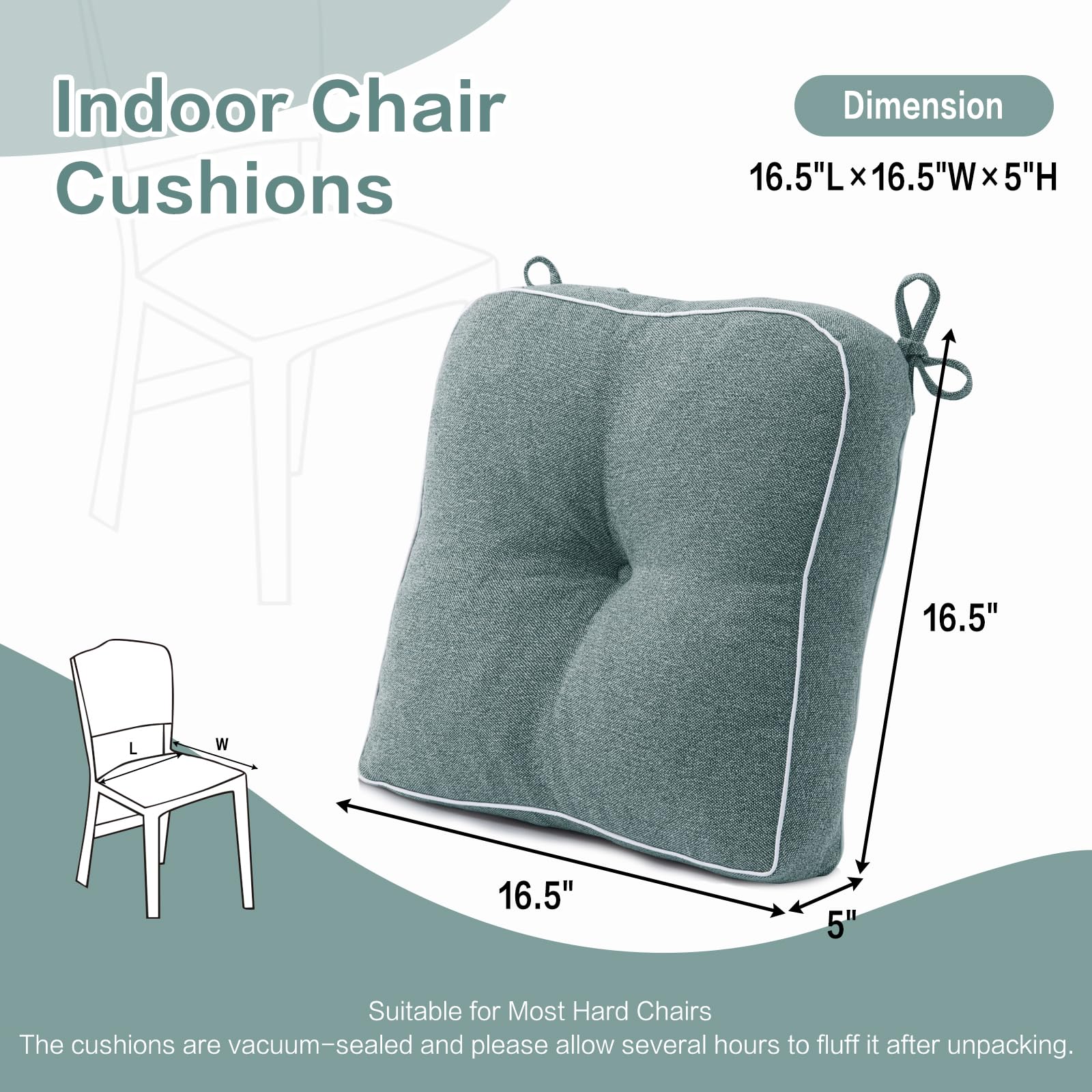 4 Pack Chair Cushions for Dining Chairs - Shredded Memory Foam Seat Pads with Ties, 16.5