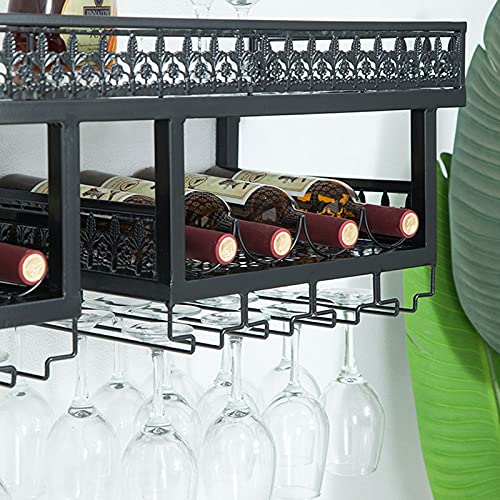TFCFL Industrial Wall-Mounted Wine Rack & Glass Holder - Double Layer Metal Storage Shelf for Kitchen, Bar, Restaurant - Rustic Wrought Iron Display Organizer for Wine Bottles, Stemware & Decor - Perfect for Home Entertaining & Commercial Use