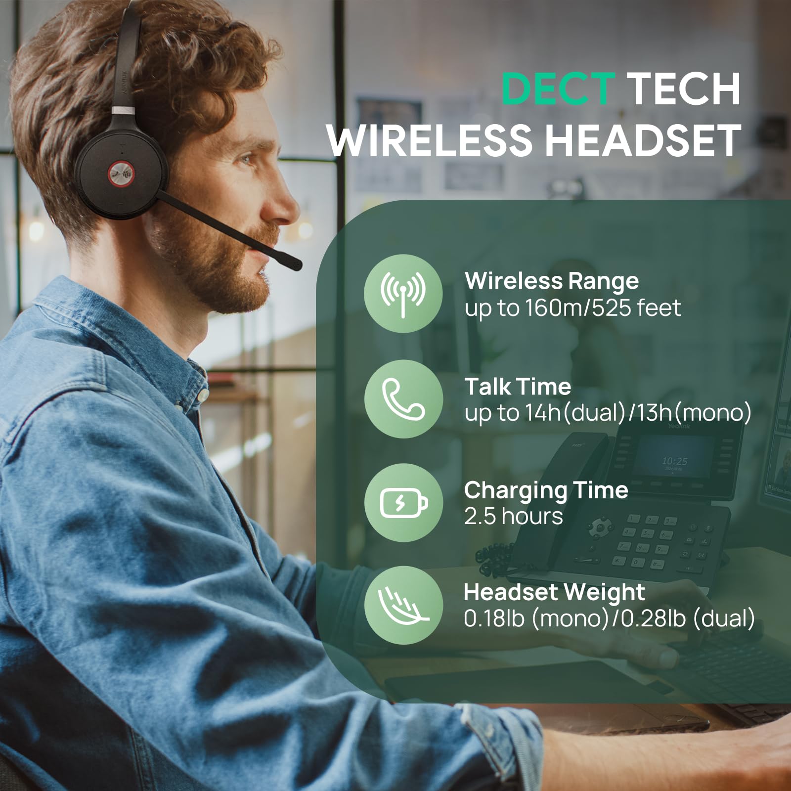 Yealink WH62 DECT Mono Wireless Headset for Microsoft Teams - 525ft Range, Noise Canceling Mic, 13H Talk Time - Compatible with IP Phones & Computers - Ideal for Office, Call Centers & Remote Work