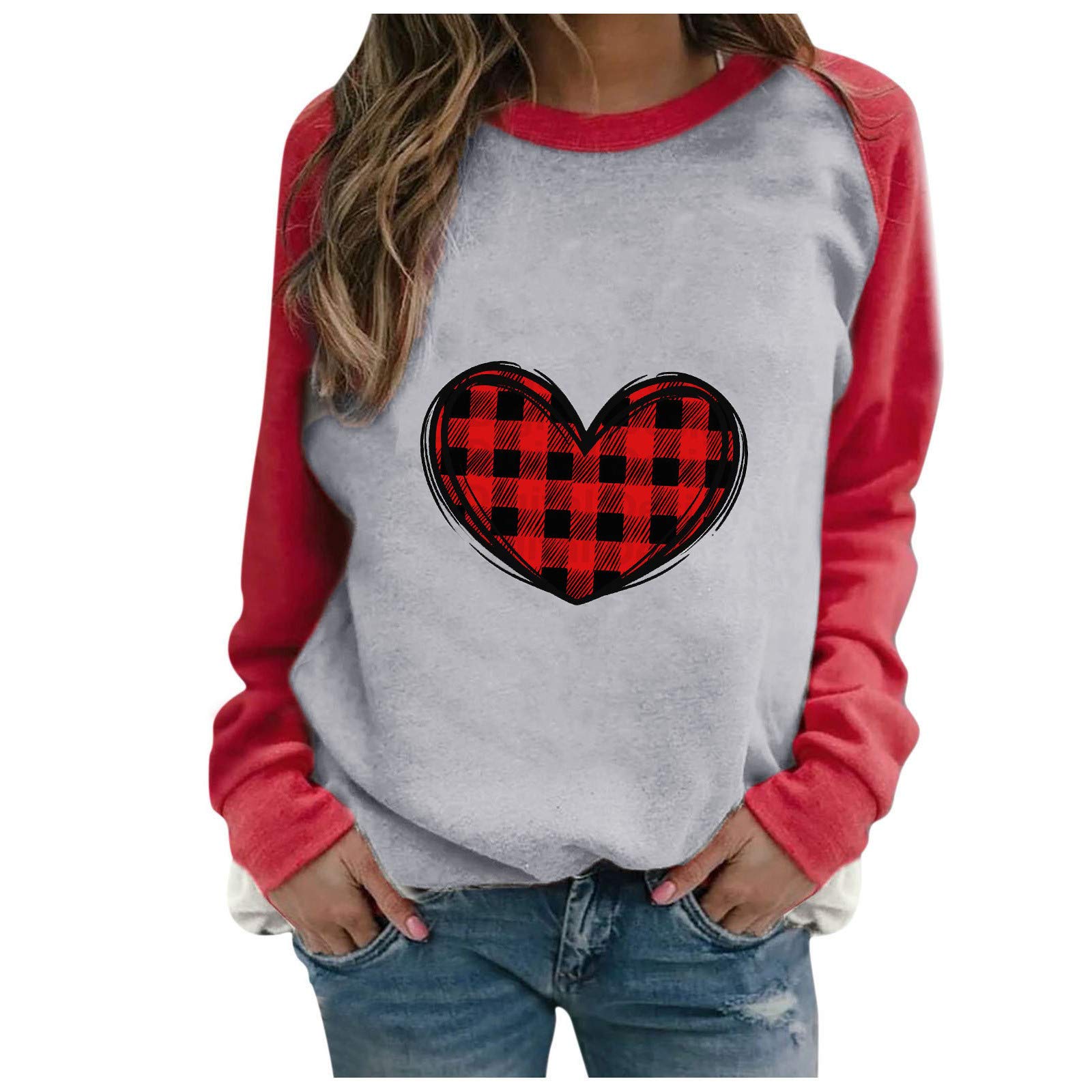Women's Valentine's Day Heart Print Long Sleeve Sweatshirt - Casual Blouse & T-Shirt Top for Women - Perfect for Date Nights, Gifts & Holiday Outfits